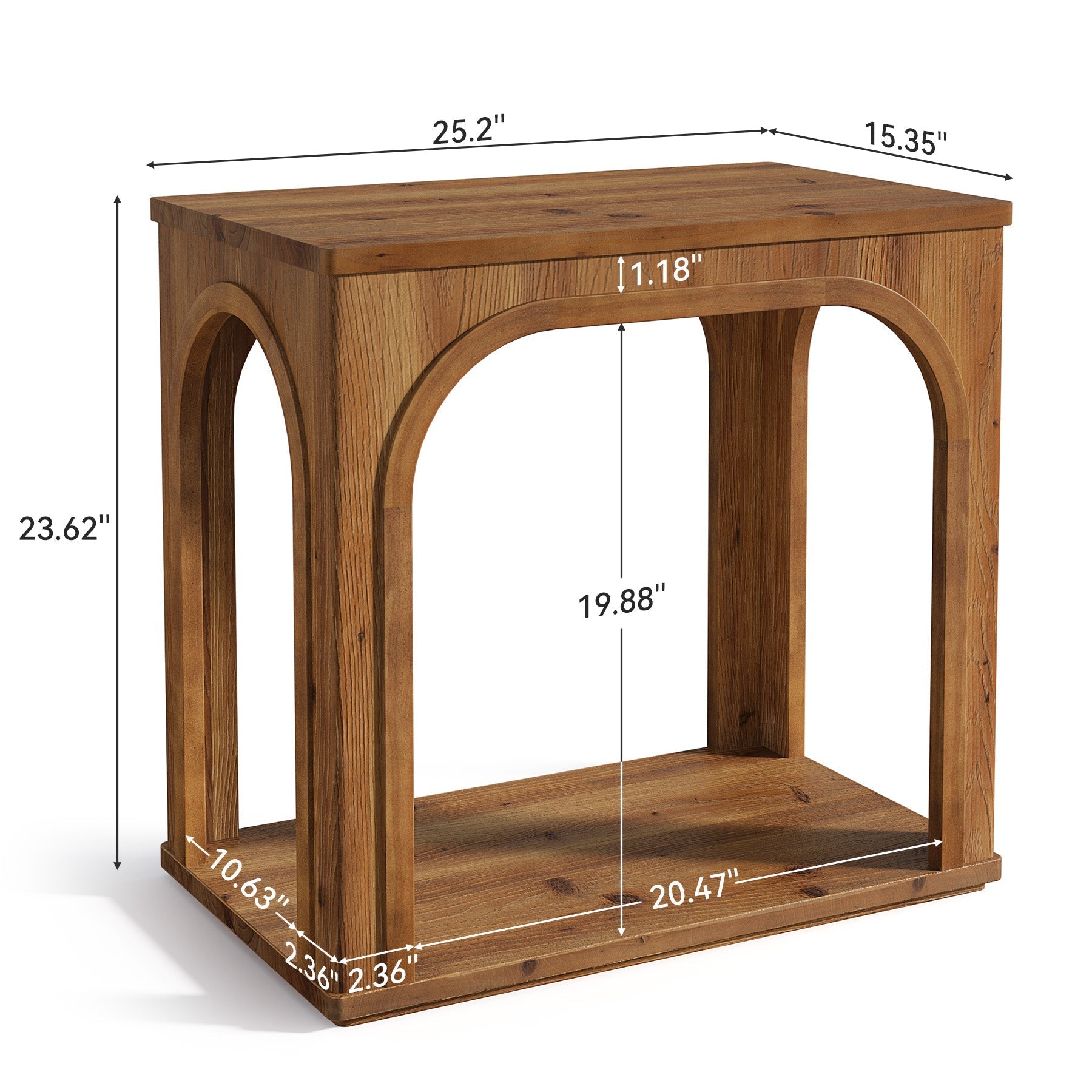 Table d'appoint rustique en bois massif de 64 cm avec 2 étagères