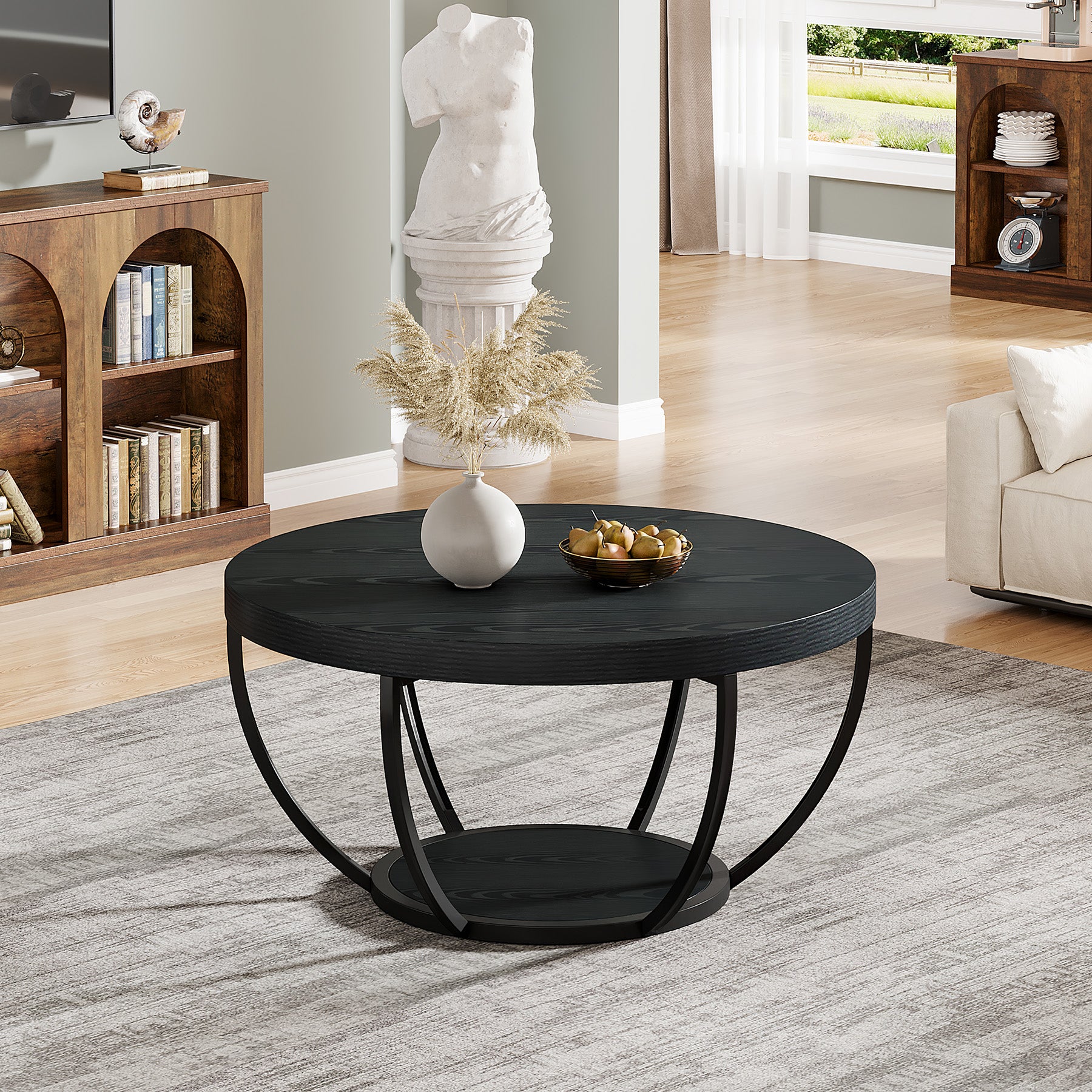 Tribesigns Table basse ronde, Table basse ovale en bois et metal noir