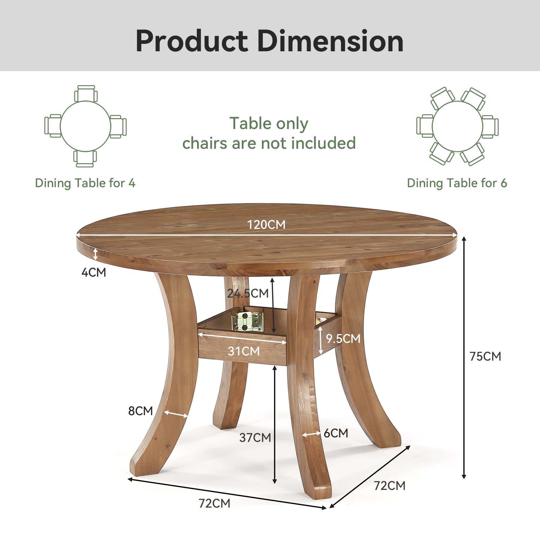 Tribesigns Table à manger ronde en bois massif de 120 cm, Style ferme avec pieds incurvés