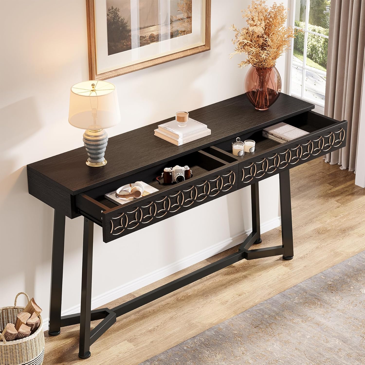 Tribesigns 140 cm Moderne Table Console, Table d'entrée Noire avec 2 tiroirs