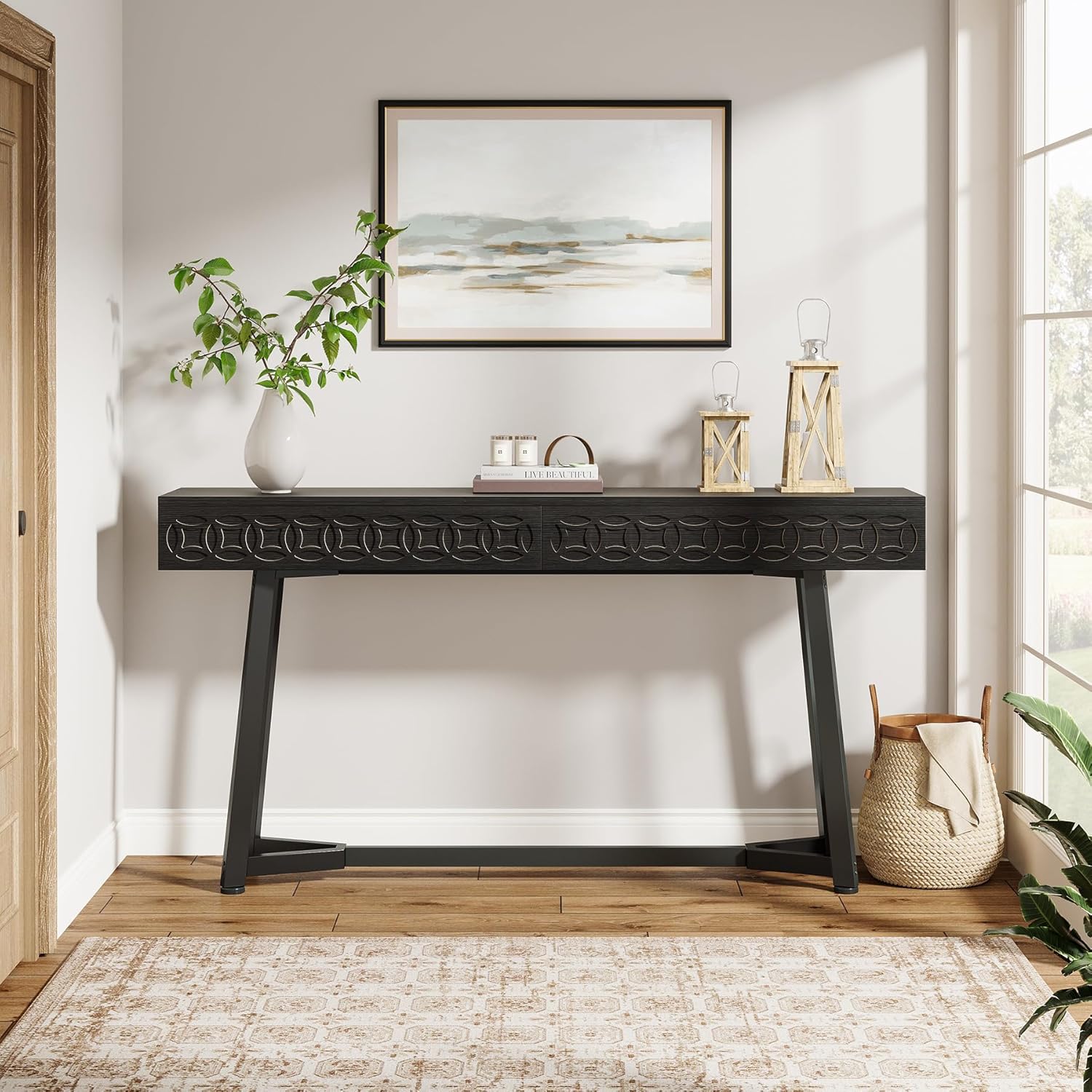 Tribesigns 140 cm Moderne Table Console, Table d'entrée Noire avec 2 tiroirs