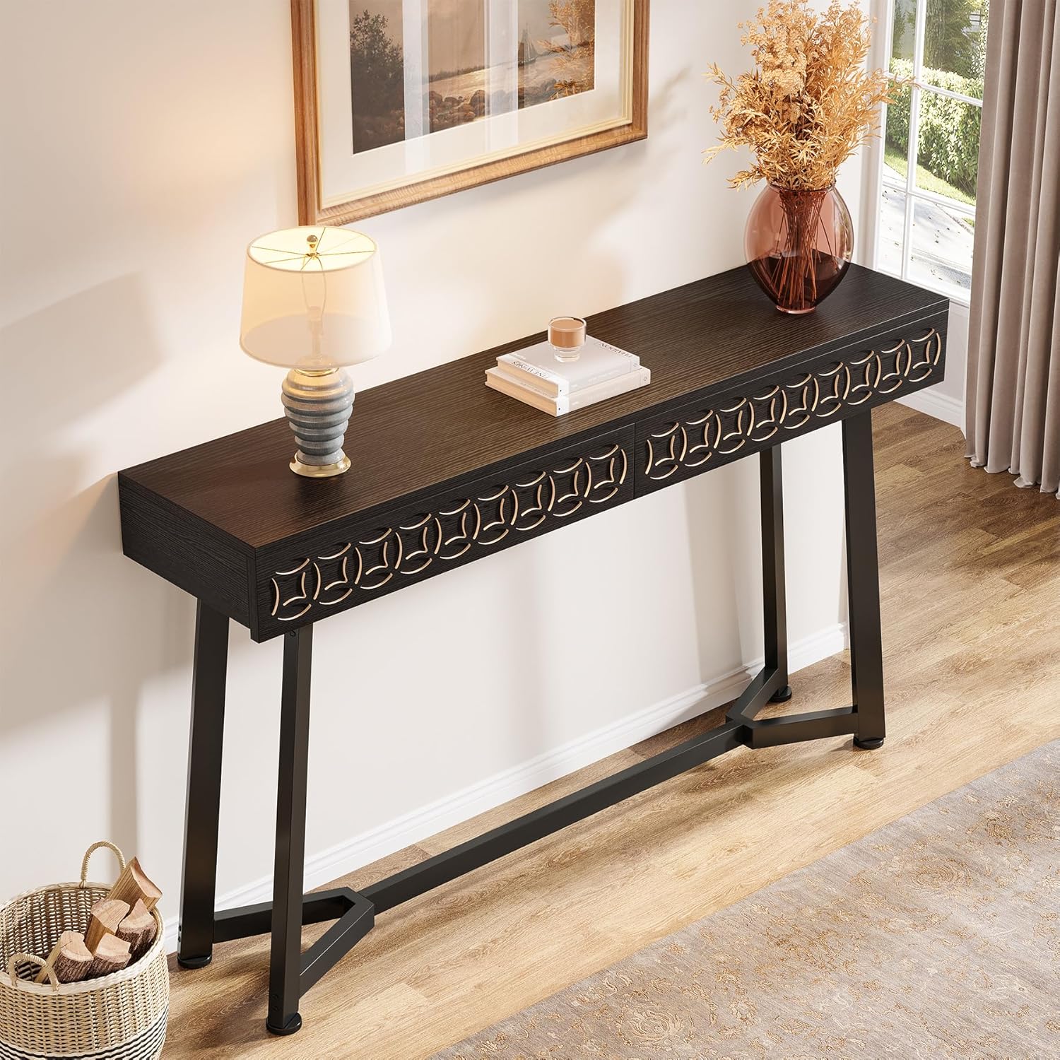 Tribesigns 140 cm Moderne Table Console, Table d'entrée Noire avec 2 tiroirs