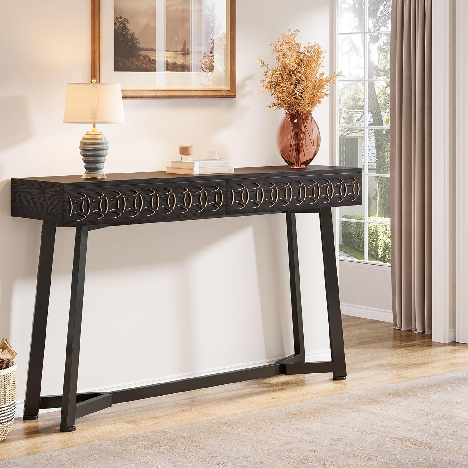 Tribesigns 140 cm Moderne Table Console, Table d'entrée Noire avec 2 tiroirs