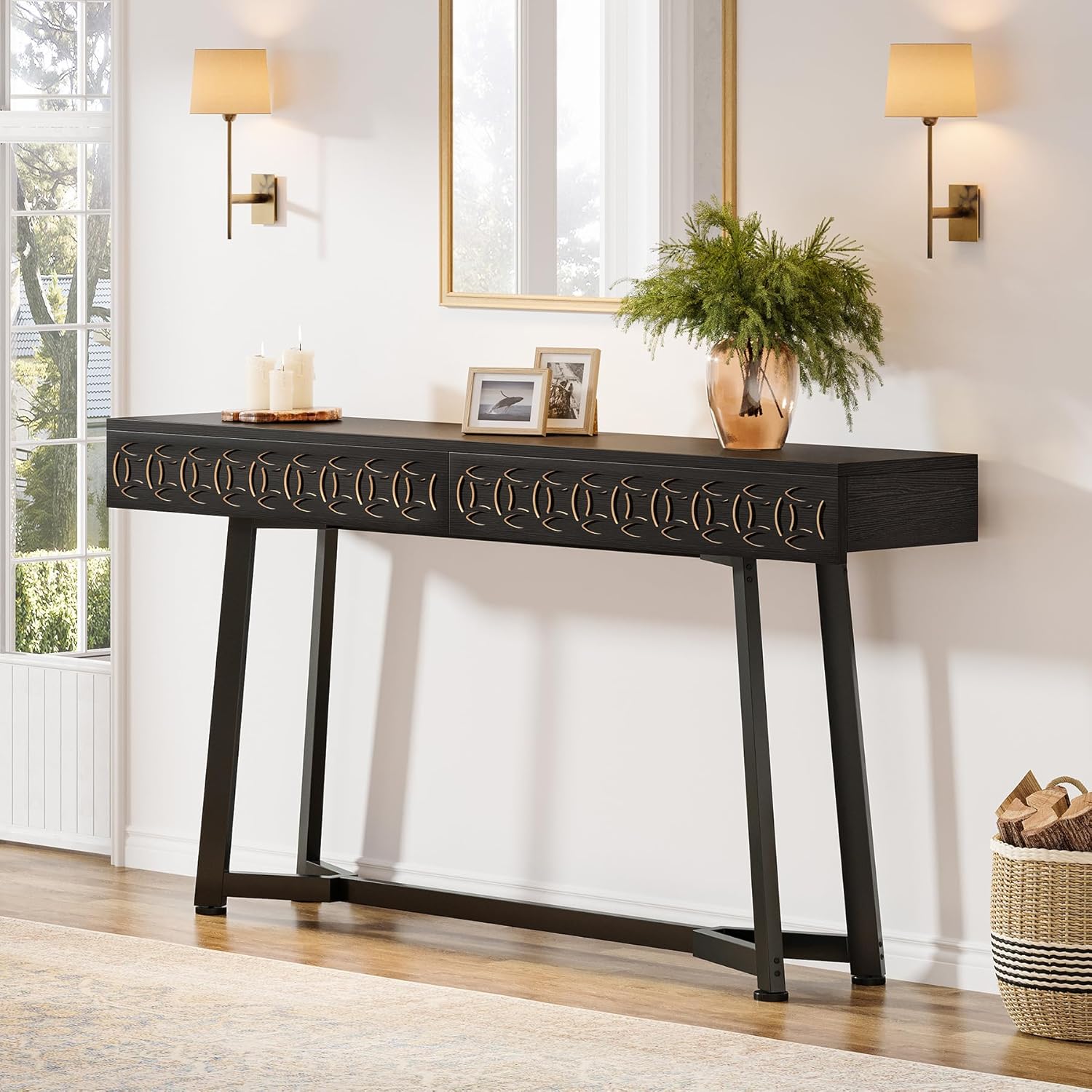 Tribesigns 140 cm Moderne Table Console, Table d'entrée Noire avec 2 tiroirs