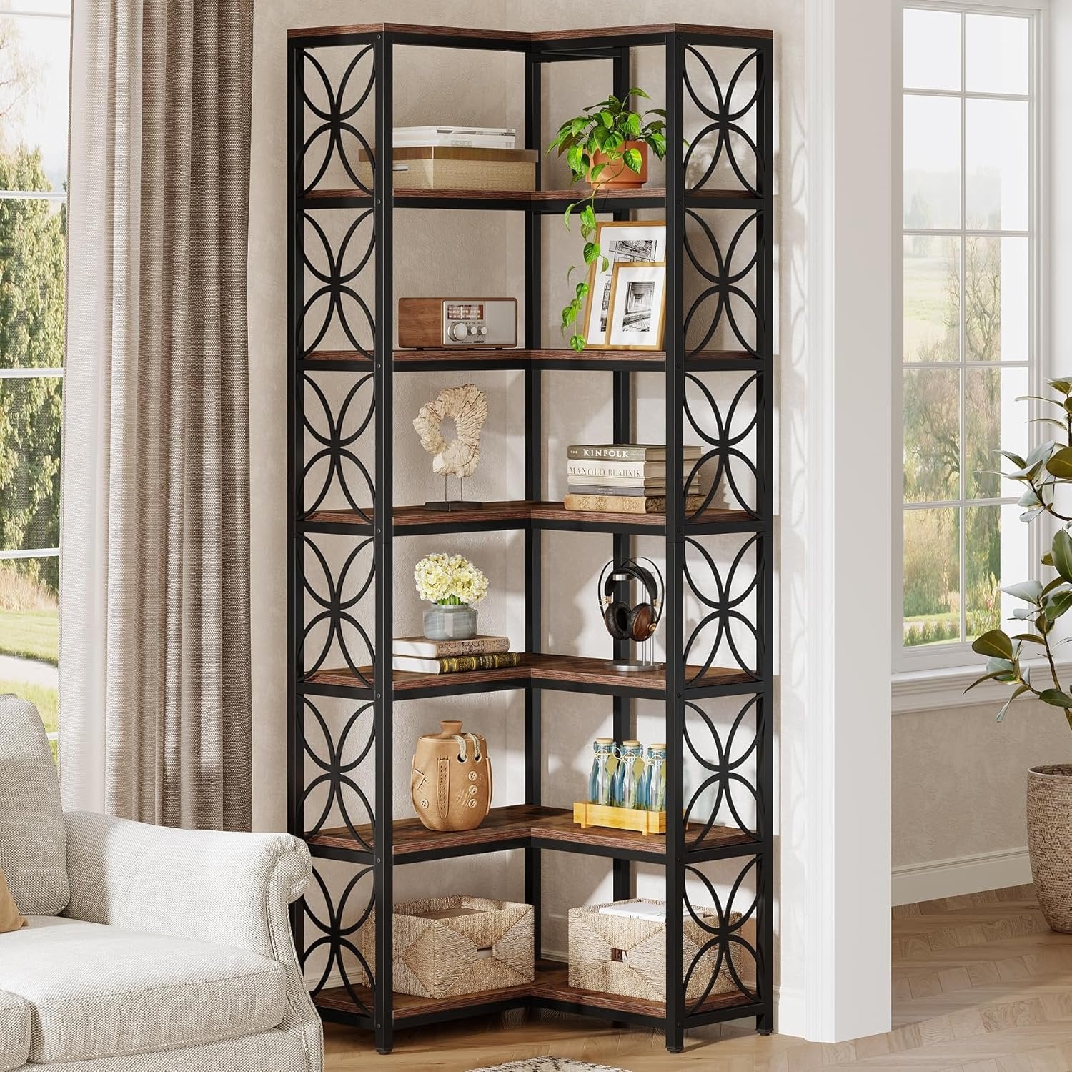 Tribesigns Étagère d'angle à 6 compartiments de 200 cm de haut avec compartiments ouverts et cadre en métal