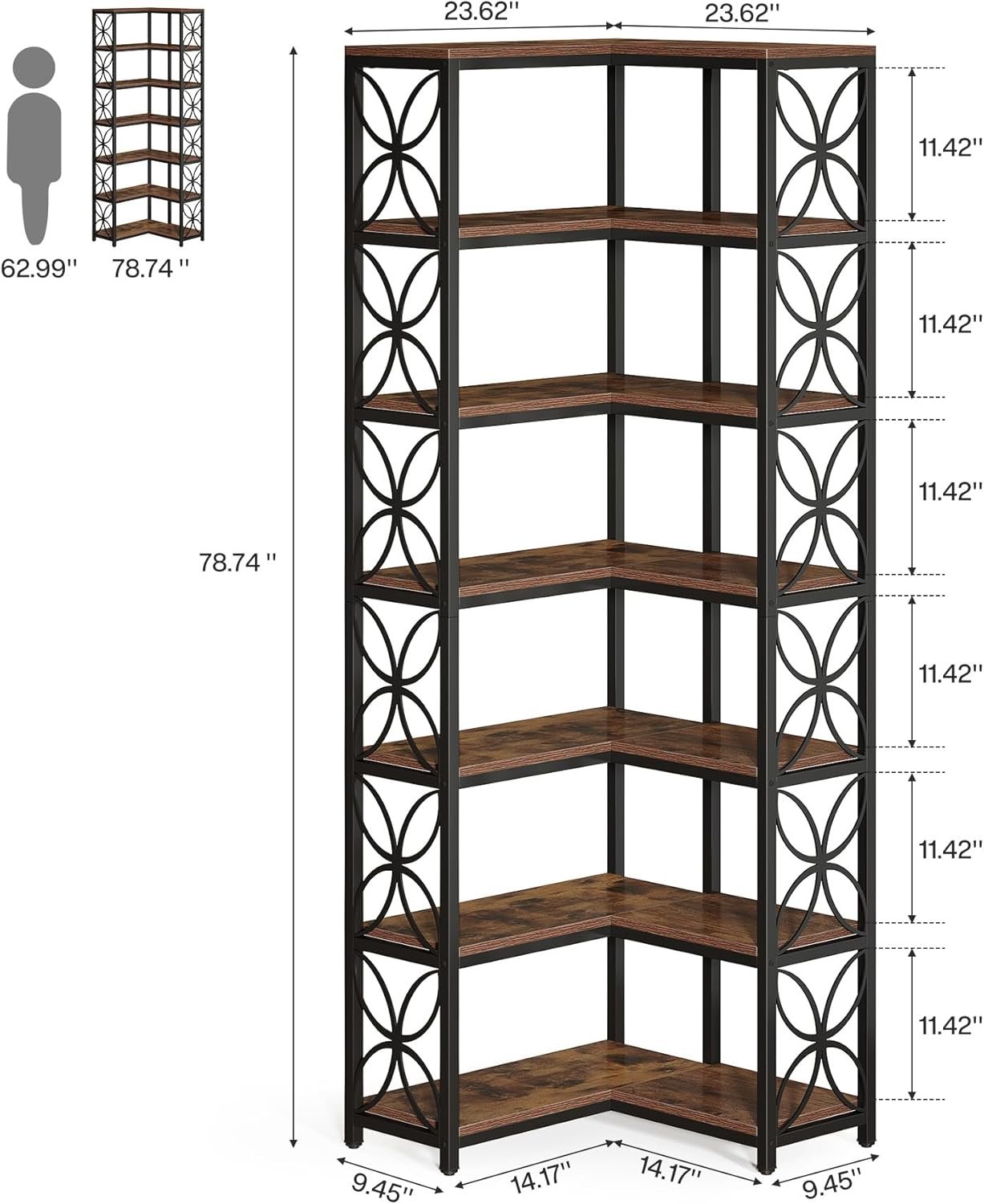 Tribesigns Étagère d'angle à 6 compartiments de 200 cm de haut avec compartiments ouverts et cadre en métal