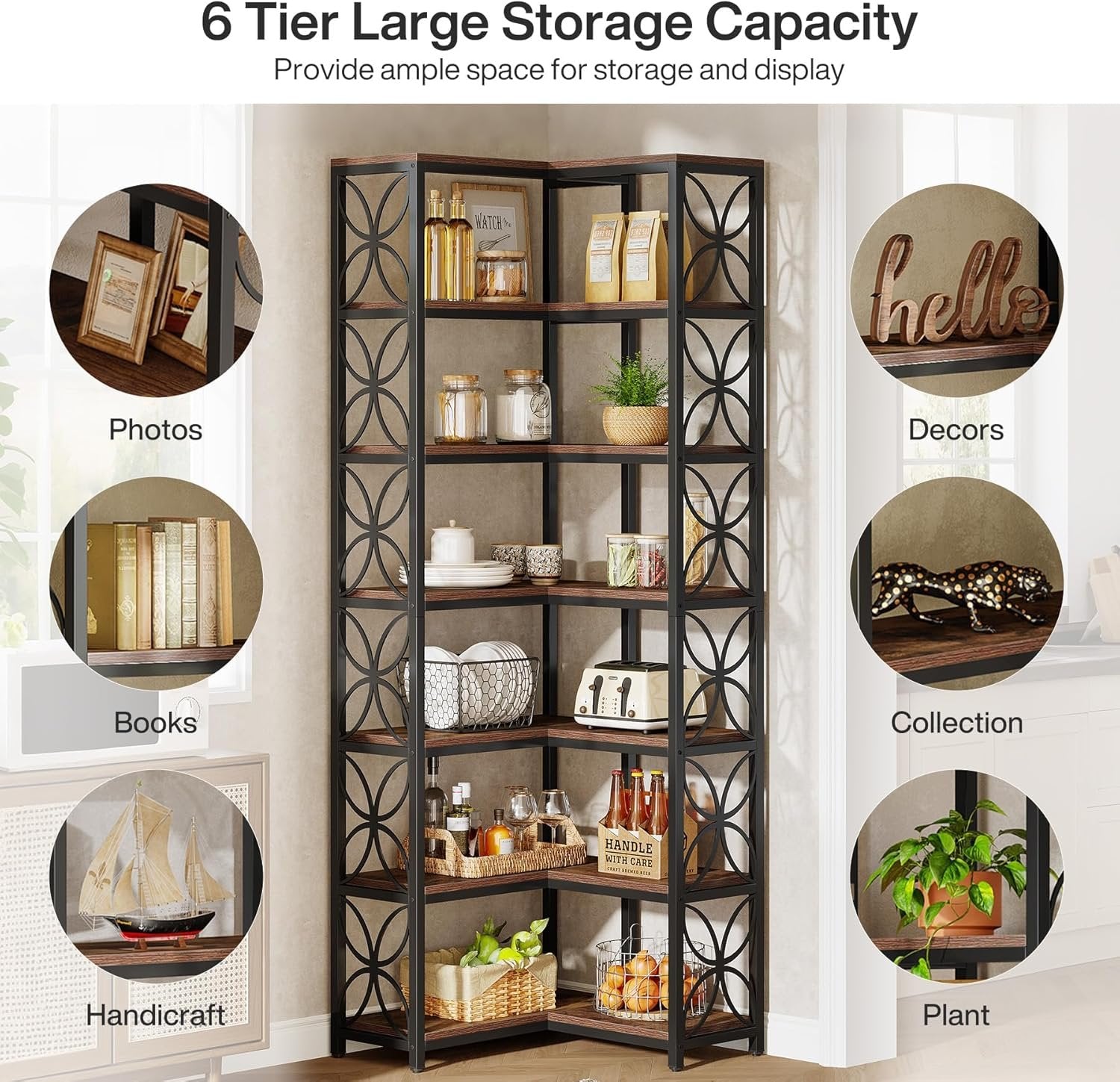 Tribesigns Étagère d'angle à 6 compartiments de 200 cm de haut avec compartiments ouverts et cadre en métal