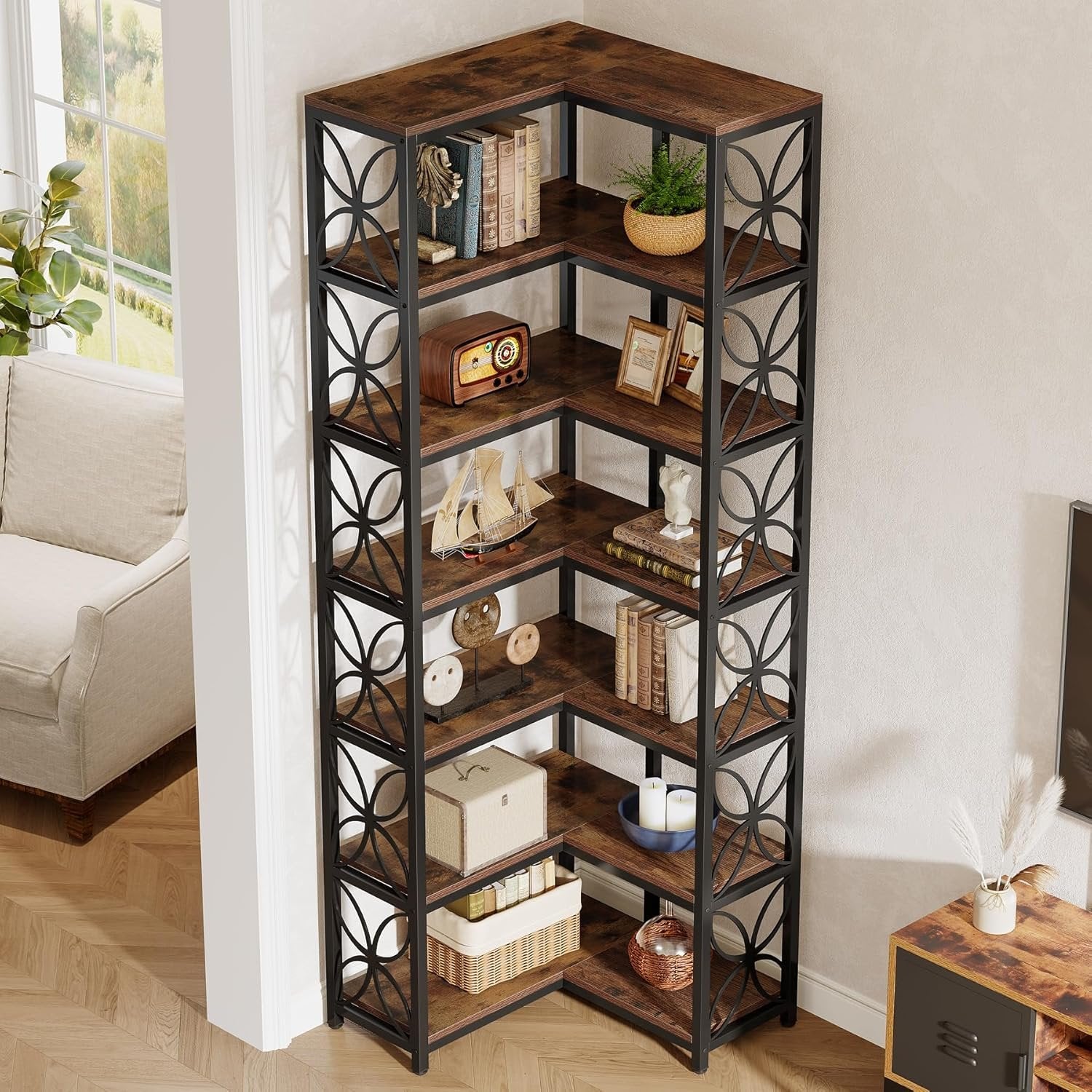 Tribesigns Étagère d'angle à 6 compartiments de 200 cm de haut avec compartiments ouverts et cadre en métal