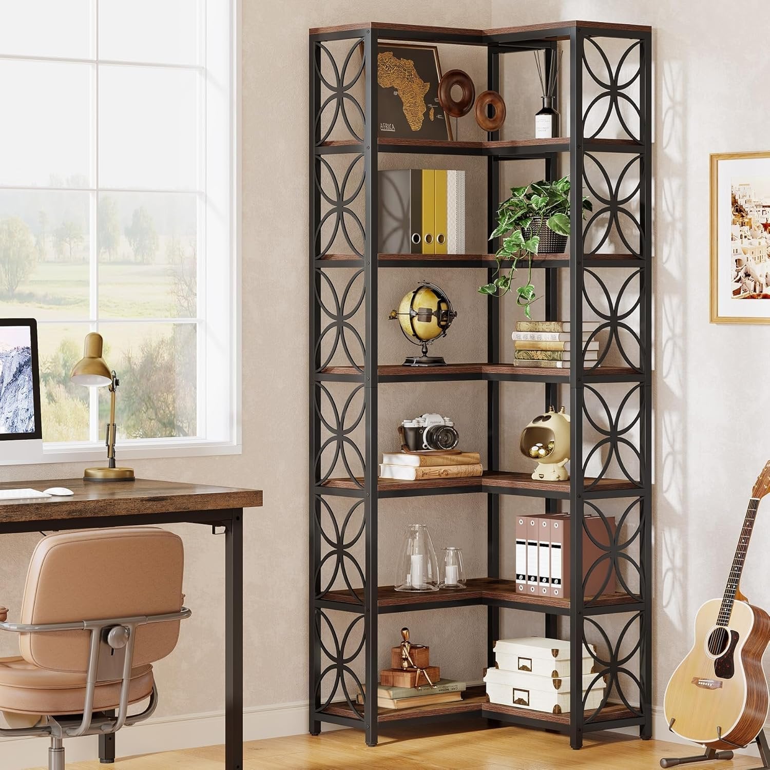 Tribesigns Étagère d'angle à 6 compartiments de 200 cm de haut avec compartiments ouverts et cadre en métal