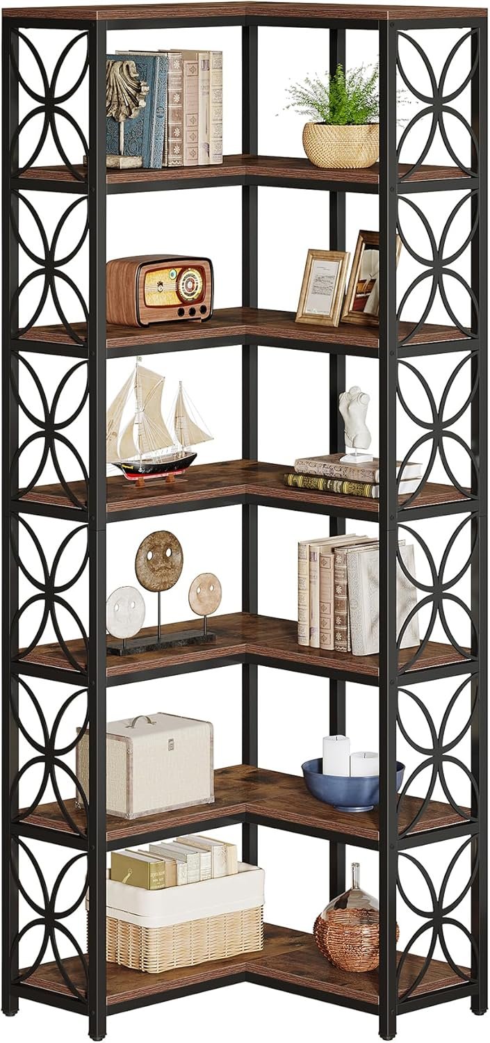 Tribesigns Étagère d'angle à 6 compartiments de 200 cm de haut avec compartiments ouverts et cadre en métal