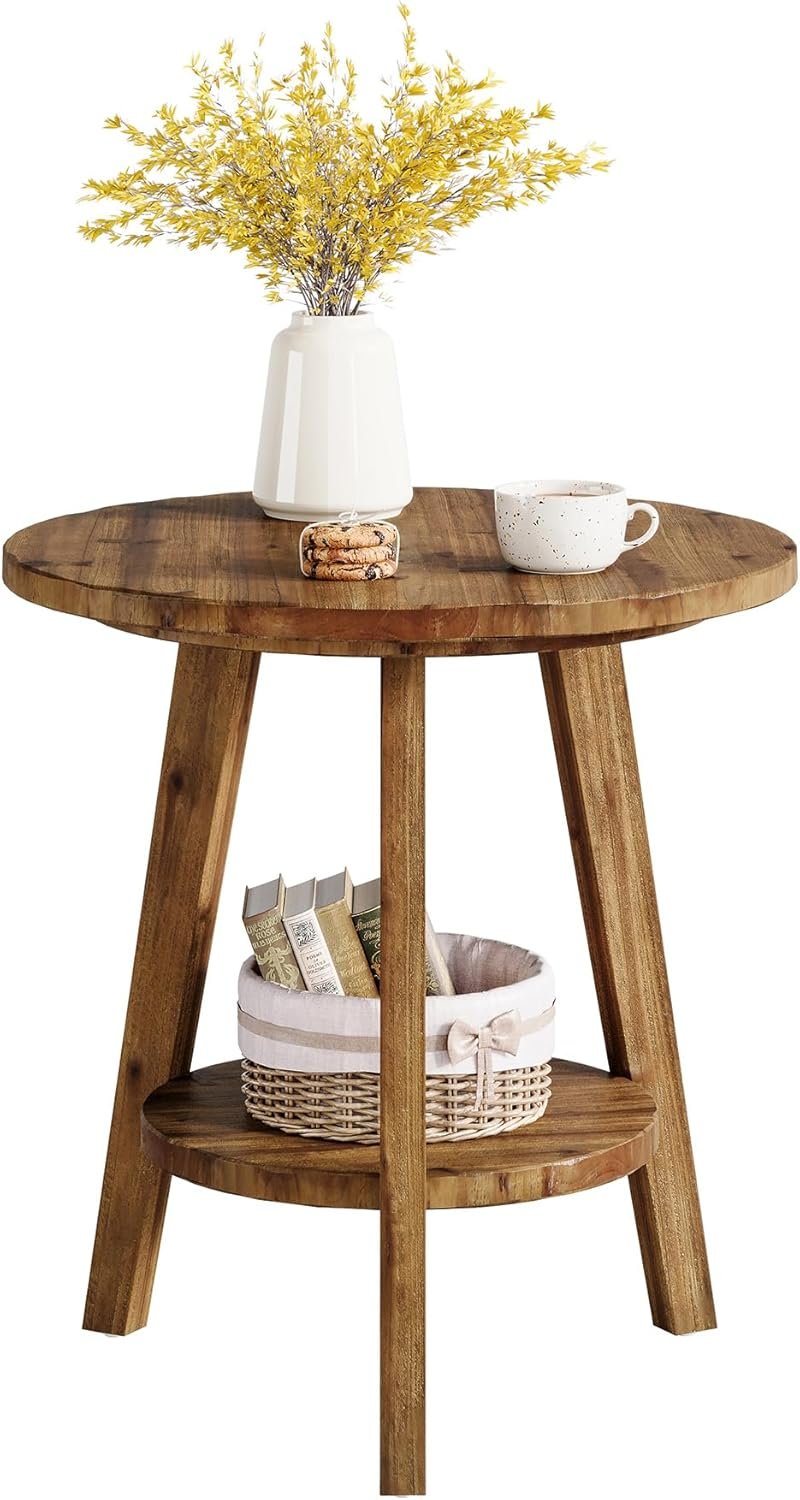 Tribesigns Table ronde en bois massif, Table d'appoint avec étagère de rangement Table de chevet pour salon
