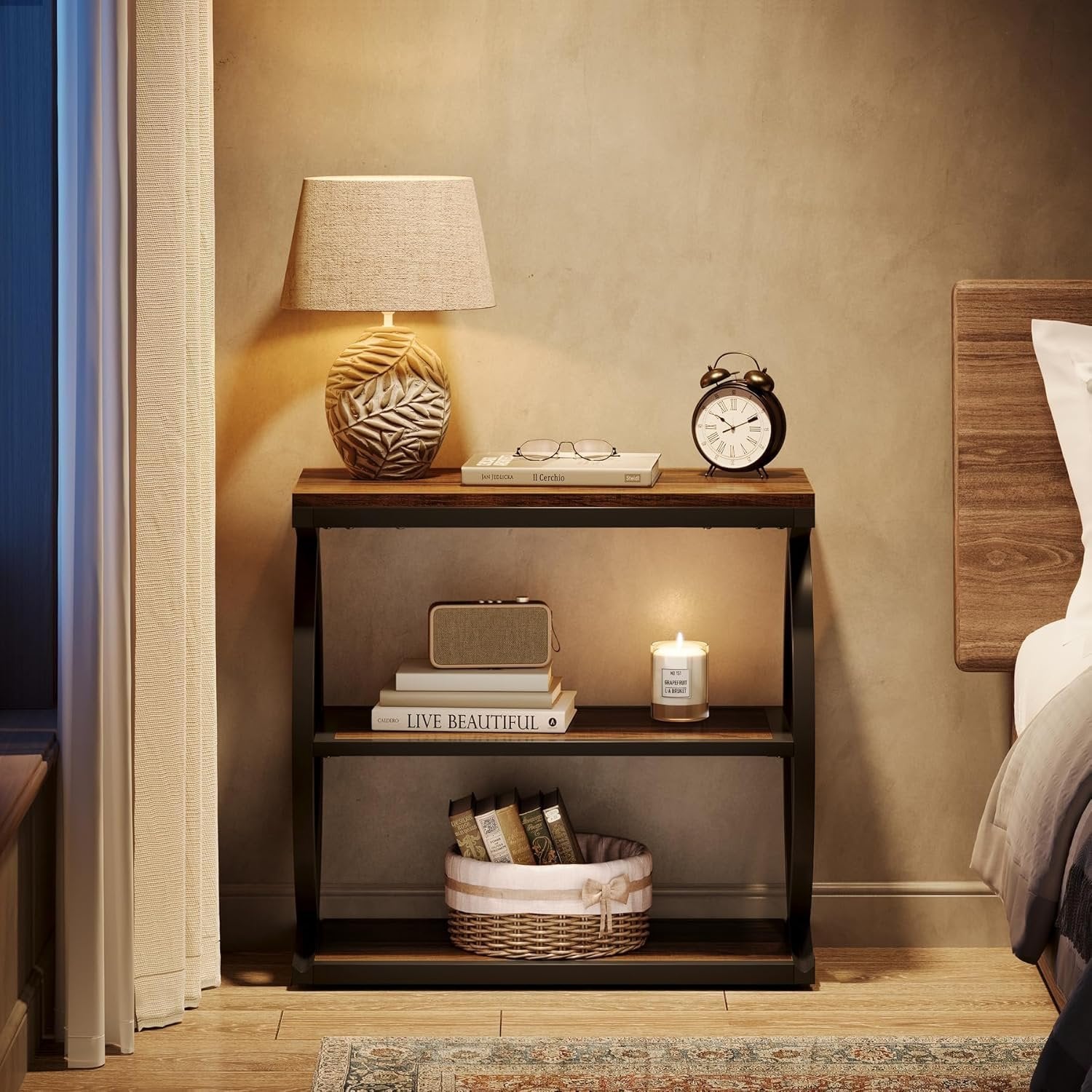 Tribesigns Table d'appoint étroite à 3 niveaux, Table d'appoint industrielle en bois avec cadre en métal