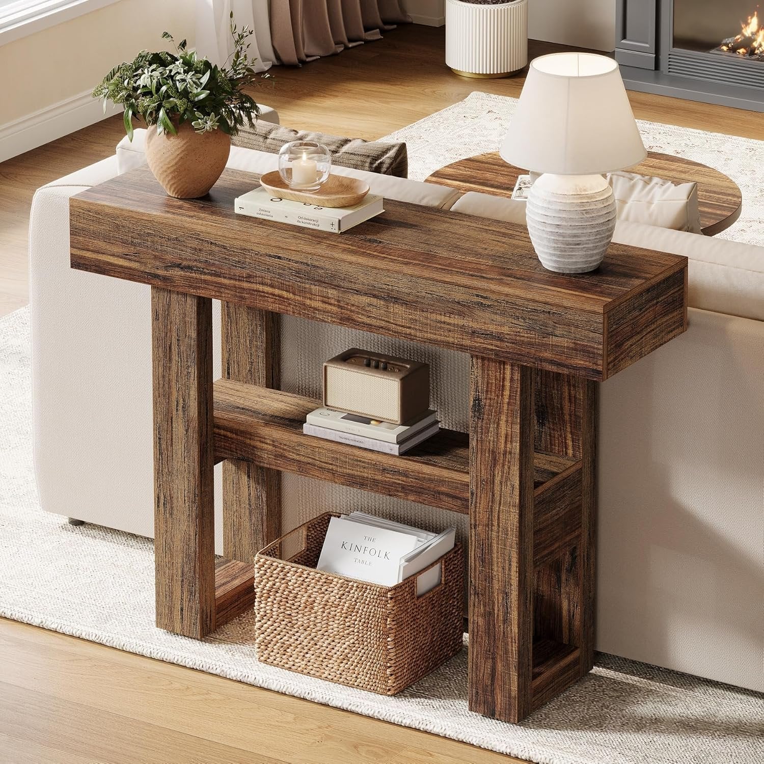 Tribesigns Farmhouse Table console étroite à 2 niveaux, Meuble d'entrée avec compartiments de rangement