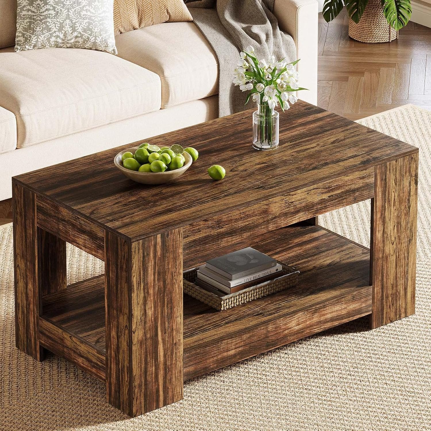 Tribesigns Table Basse 120 x 60 x 60 cm, Table Basse Rectangulaire en Bois à 2 Niveaux