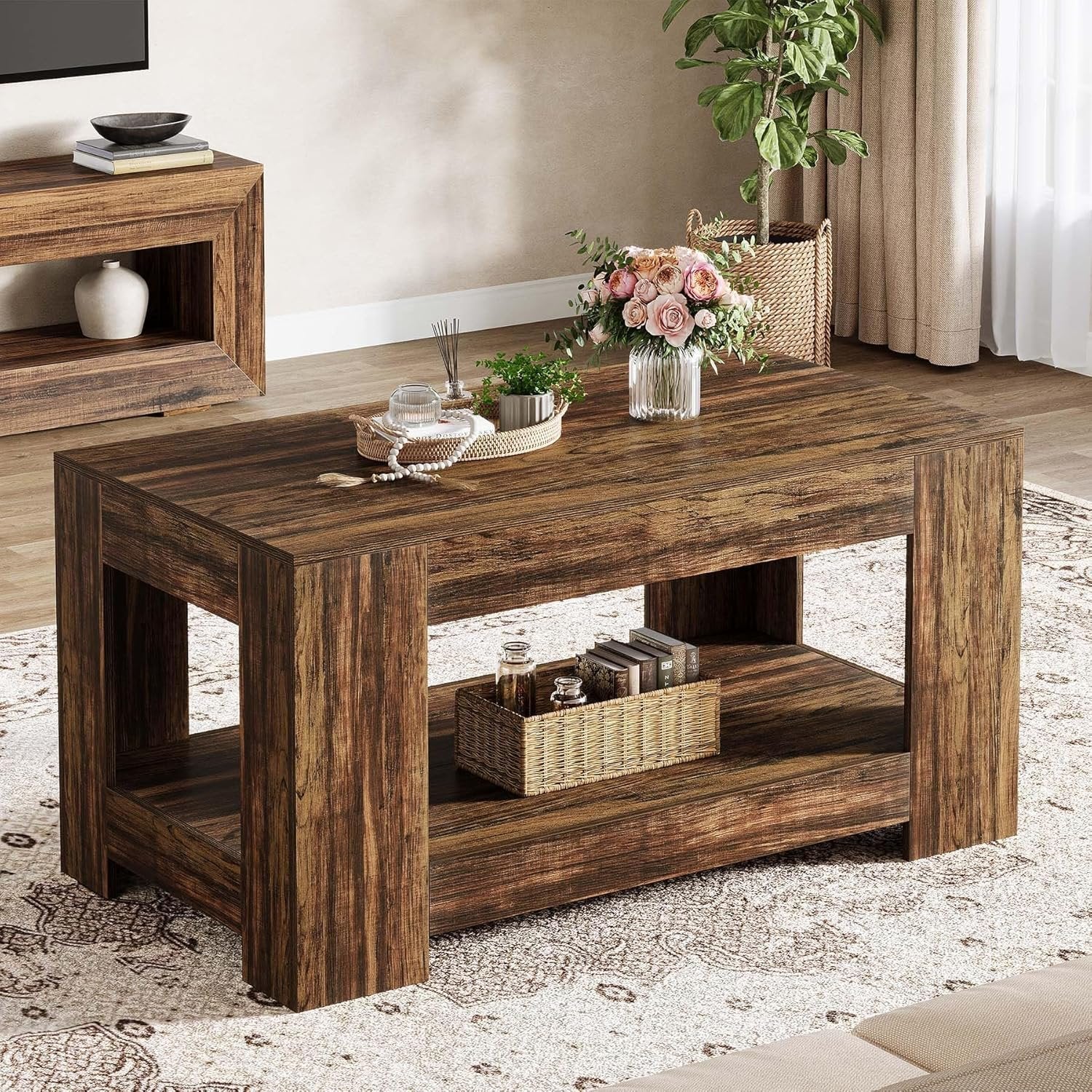 Tribesigns Table Basse 120 x 60 x 60 cm, Table Basse Rectangulaire en Bois à 2 Niveaux