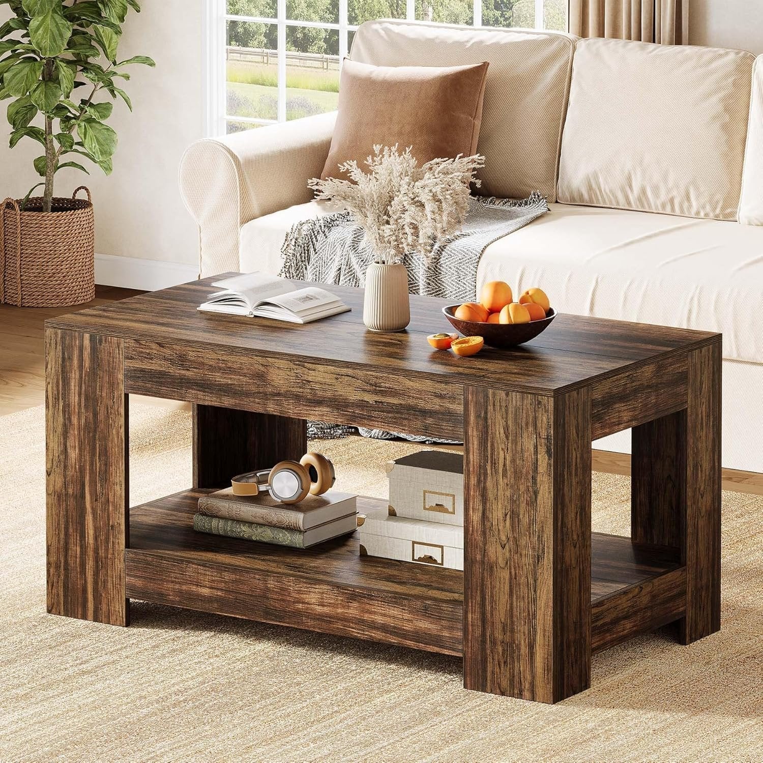 Tribesigns Table Basse 120 x 60 x 60 cm, Table Basse Rectangulaire en Bois à 2 Niveaux
