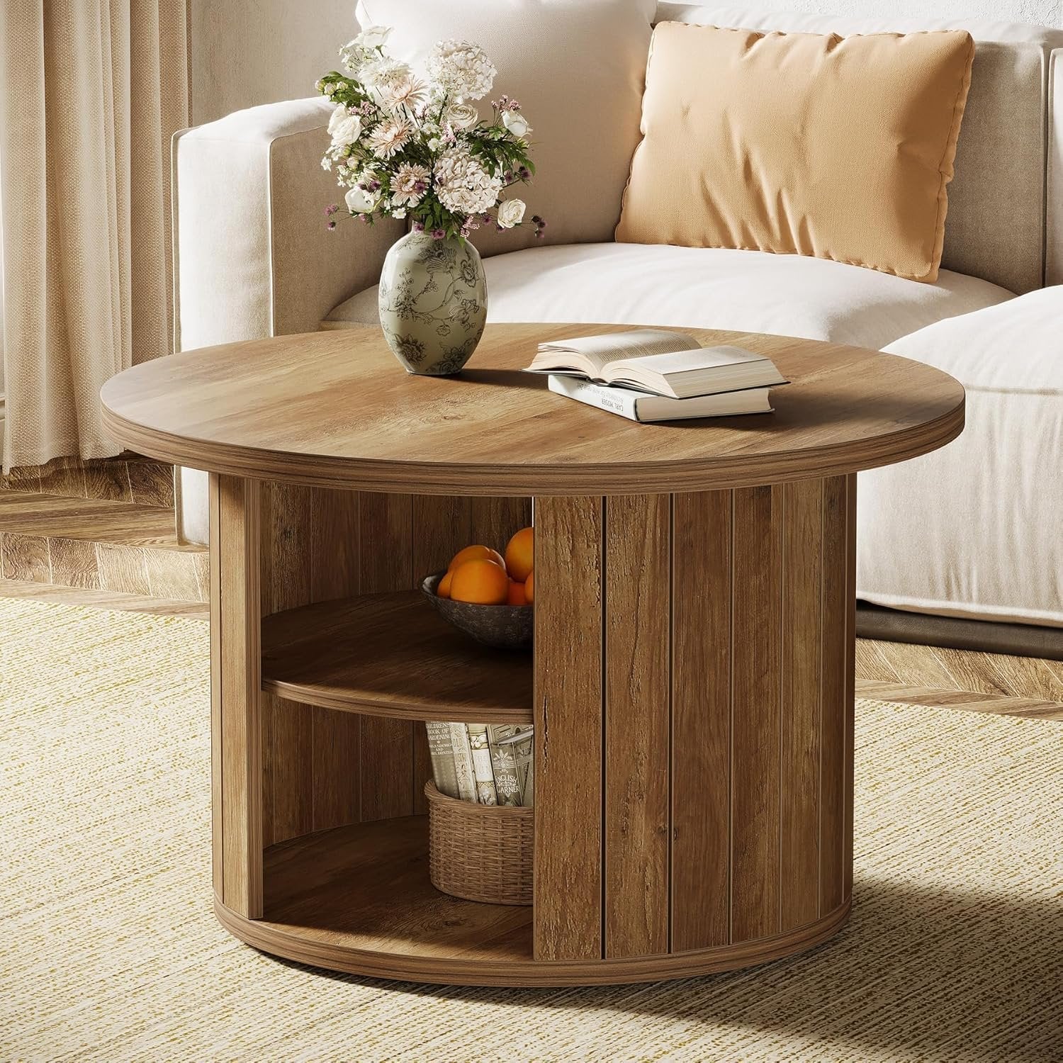 Tribesigns Table Basse Ronde, Table de Salon Circulaire à 2 Niveaux Petite Table Basse Bois