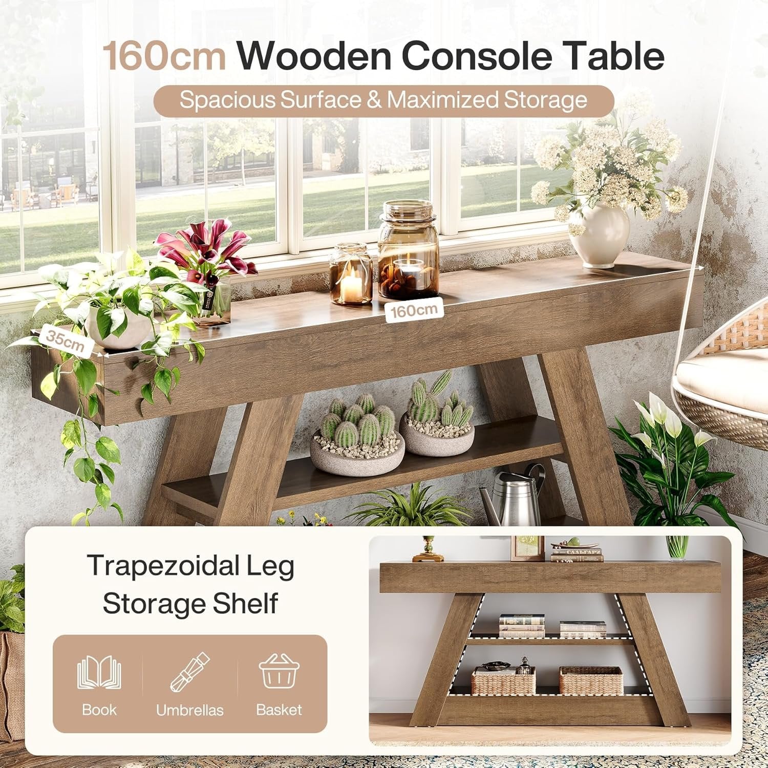 Tribesigns Farmhouse Table console rustique 160 cm avec espace de rangement à 3 niveaux