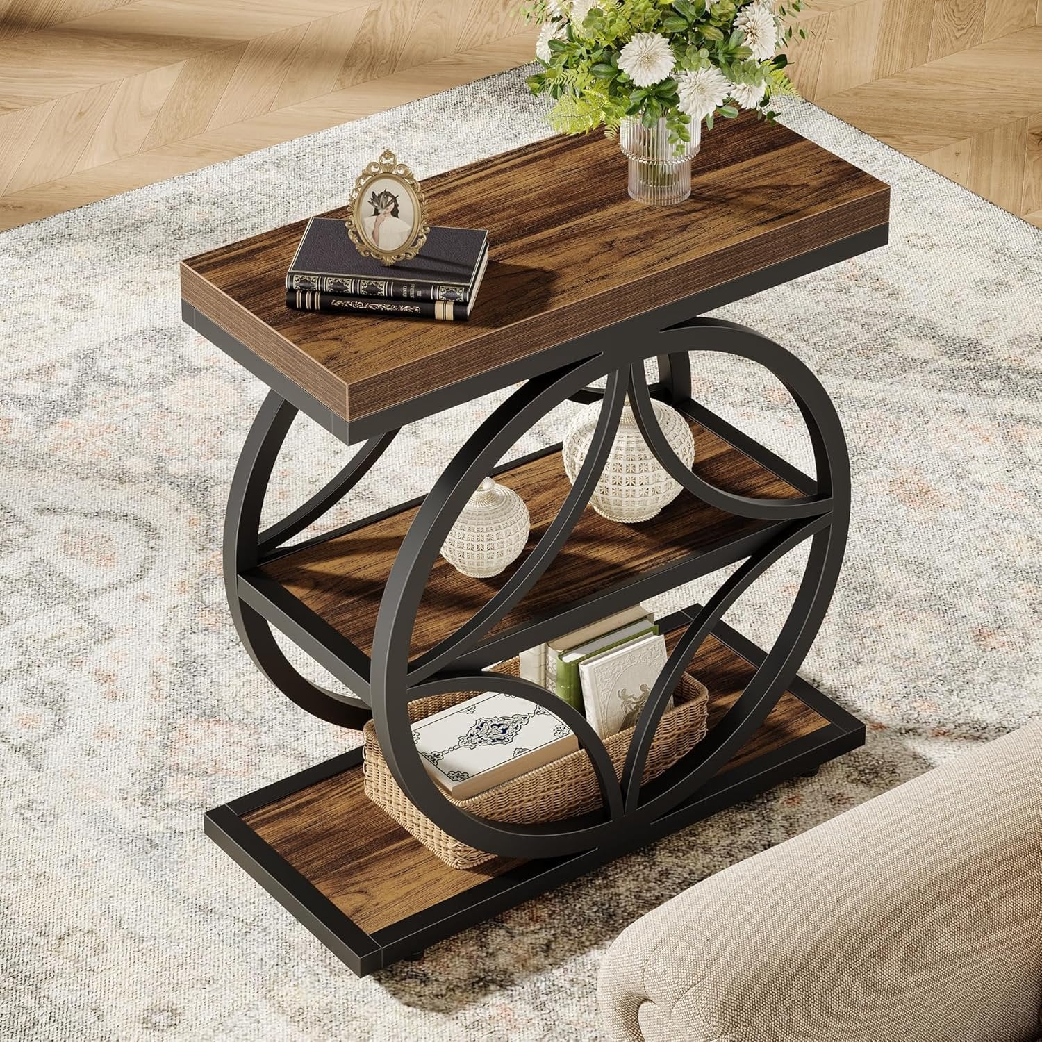 Tribesigns Table d'appoint pour salon, Petite table d'appoint étroite avec rangement à 3 niveaux