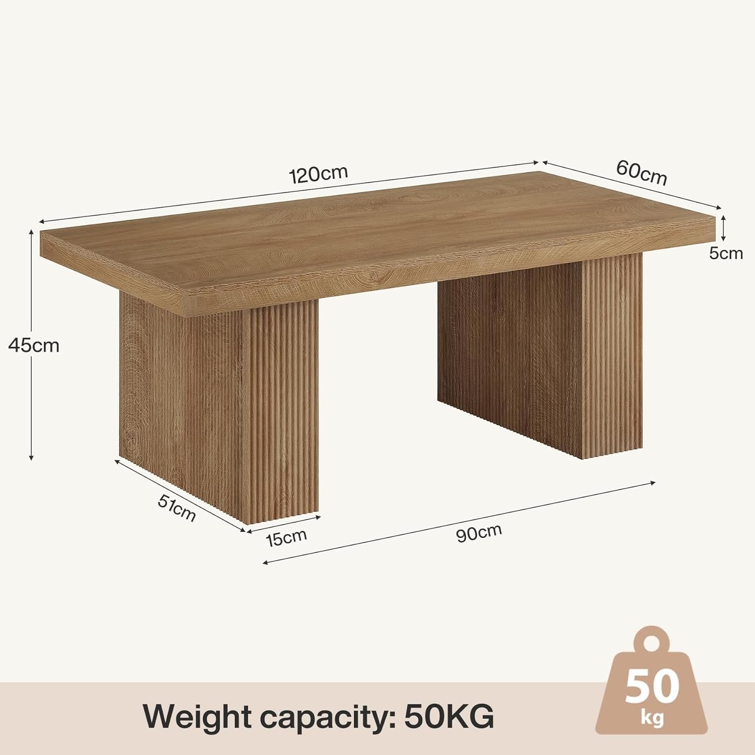 TribesignsTable basse de 120 cm, Table de salon rectangulaire au design rustique de ferme marron