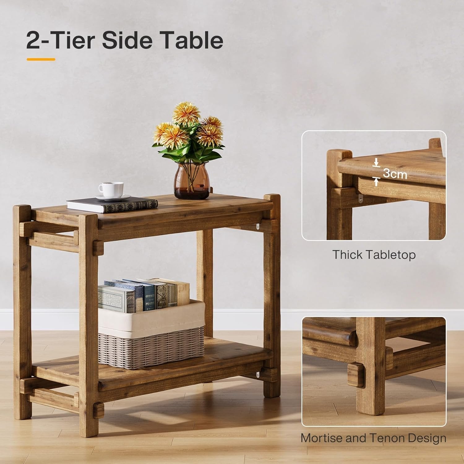 Tribewood Table d'Appoint en Bois Massif, Rectangulaire Bout de Canapé à 2 Niveaux Table d’entrée Bois