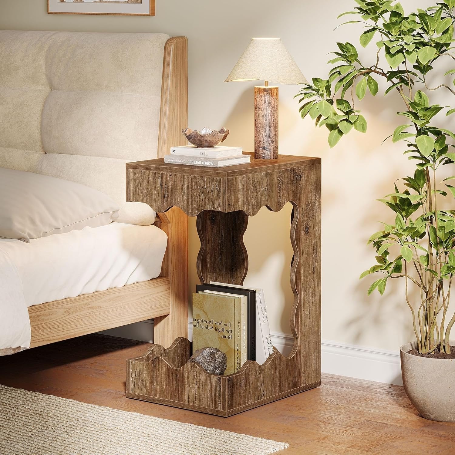 Tribesigns Table d'appoint étroite de 65 cm à 2 niveaux, Table de chevet en forme de C de style campagnard