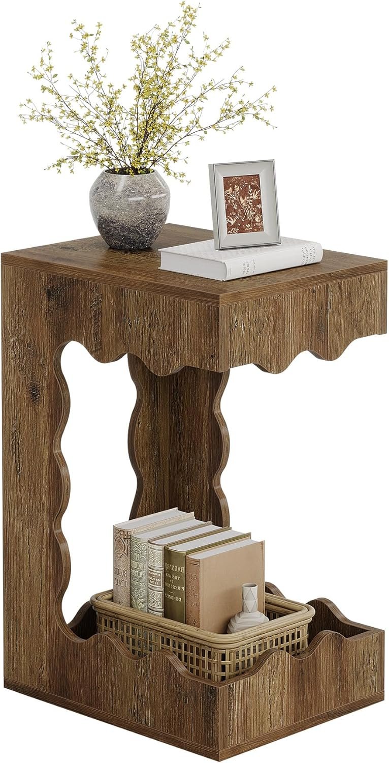 Tribesigns Table d'appoint étroite de 65 cm à 2 niveaux, Table de chevet en forme de C de style campagnard