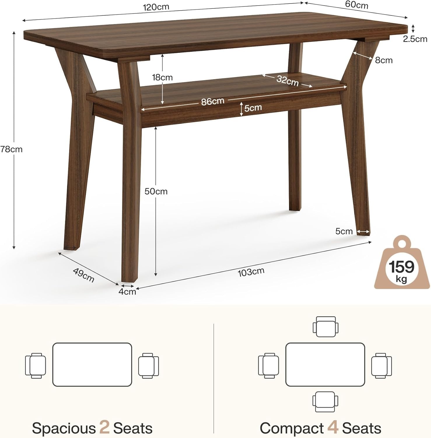 Tribesigns Table à Manger 120 cm pour 4 Personnes, Table Rectangulaire de Cuisine avec 2 Niveaux de Rangement