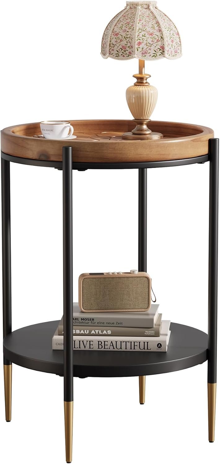 TRIBEWOOD Table d'appoint ronde, Table d'appoint à 2 niveaux en bois massif et métal