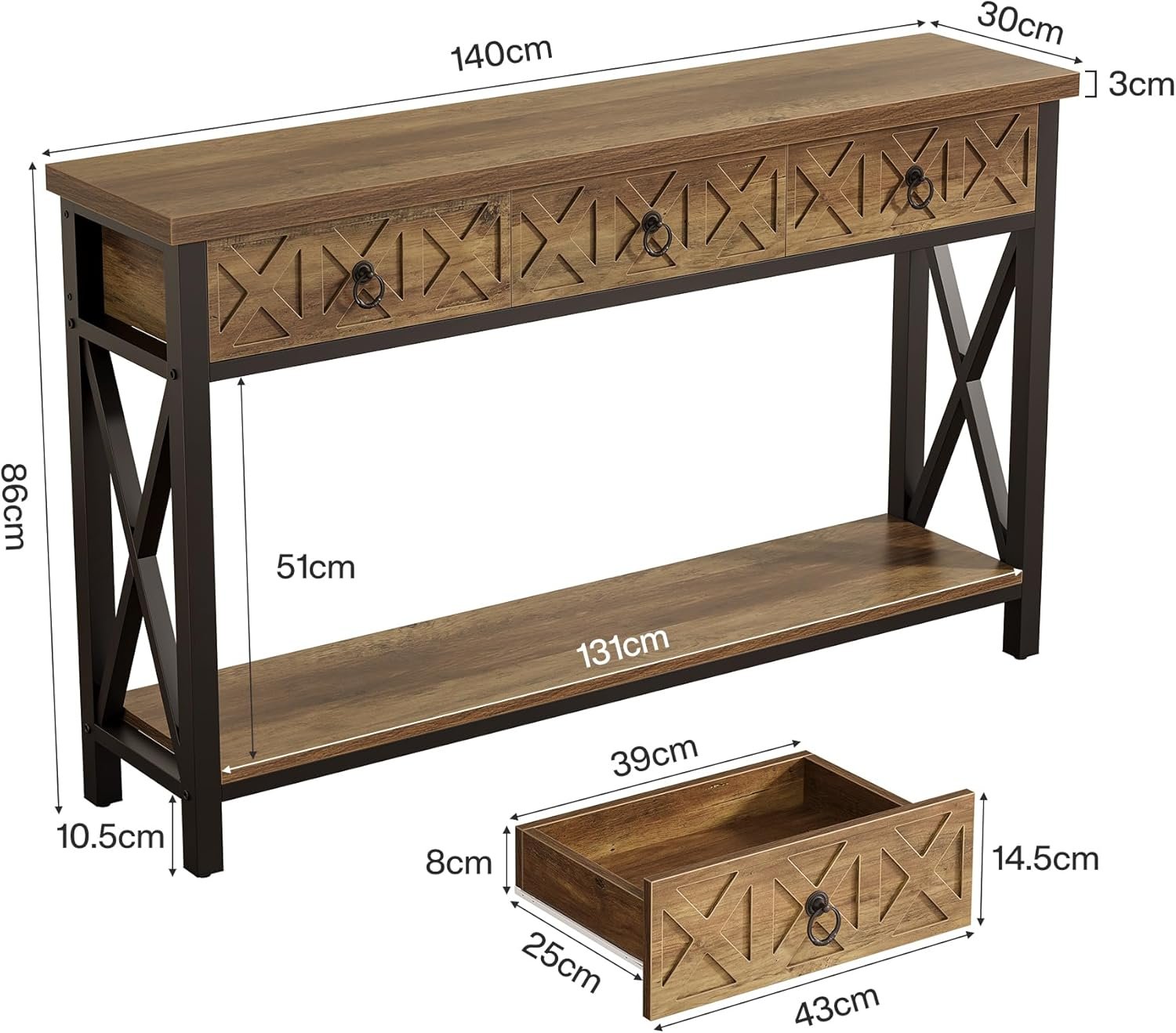 Tribesigns Table Console 140×30×85 cm avec 3 Tiroirs, Table d’Entrée Rustique avec Étagères