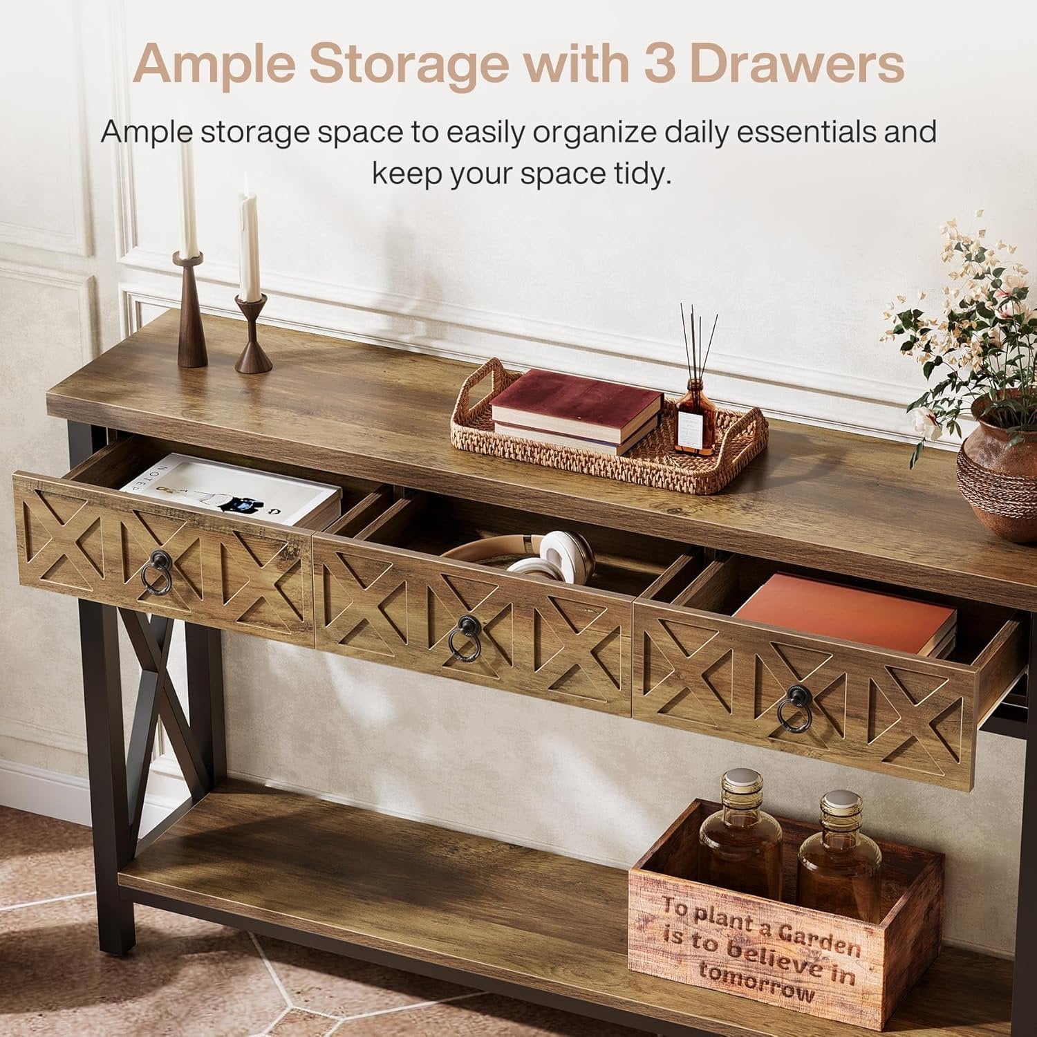 Tribesigns Table Console 140×30×85 cm avec 3 Tiroirs, Table d’Entrée Rustique avec Étagères