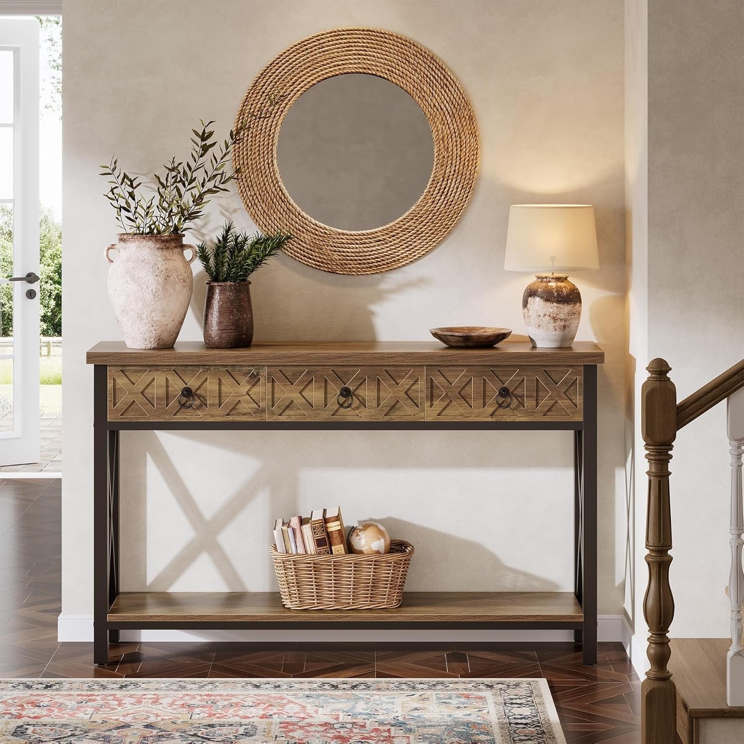 Tribesigns Table Console 140×30×85 cm avec 3 Tiroirs, Table d’Entrée Rustique avec Étagères
