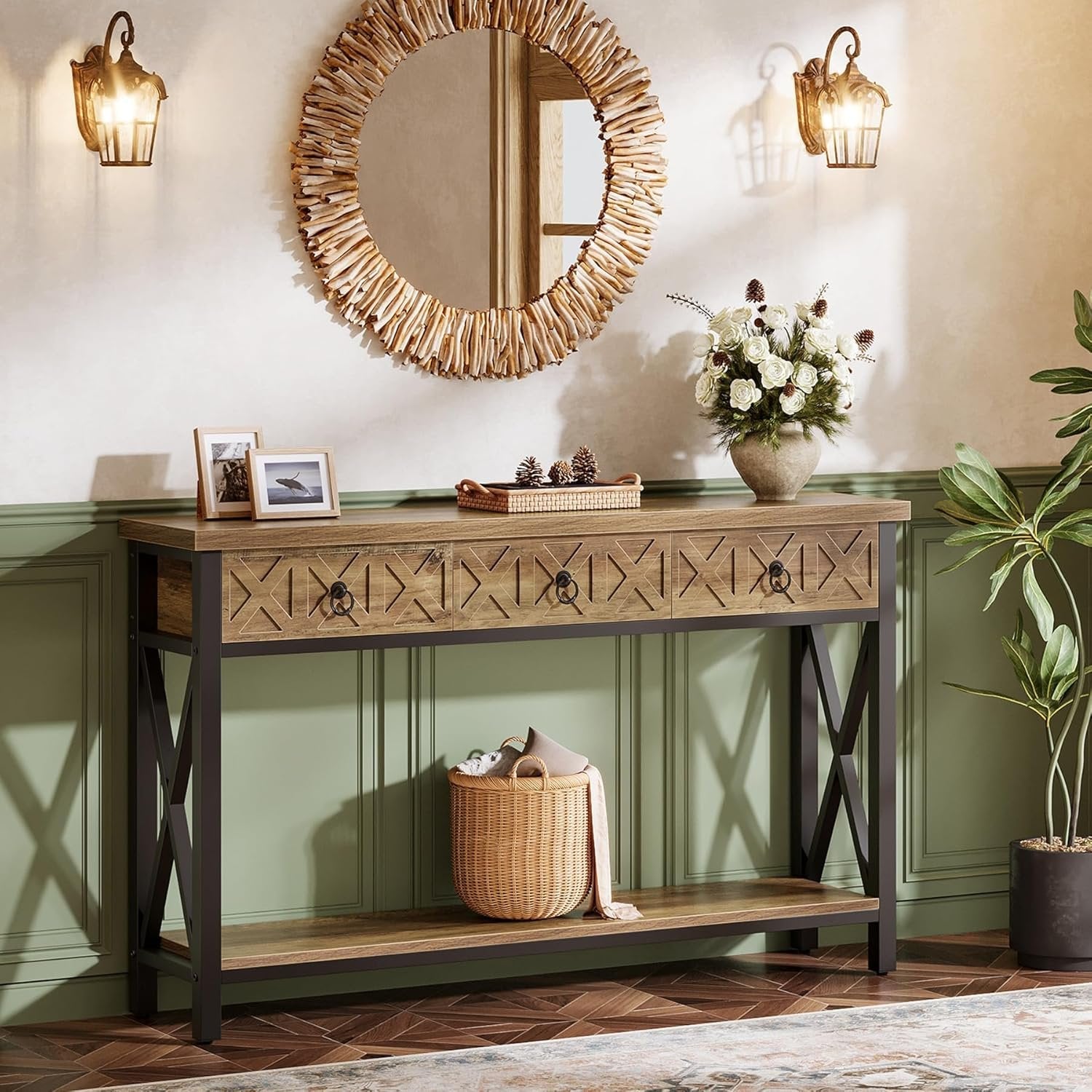 Tribesigns Table Console 140×30×85 cm avec 3 Tiroirs, Table d’Entrée Rustique avec Étagères