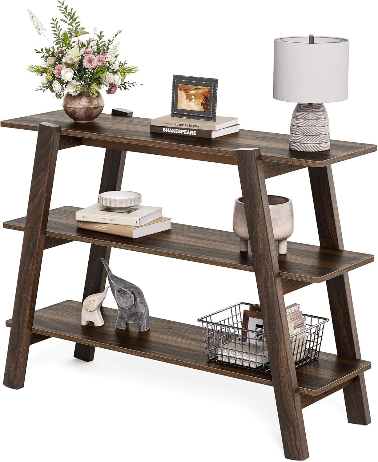 Tribesigns Table console de 105 cm, Table basse à 3 niveaux étroite et longue avec compartiments de rangement ouverts