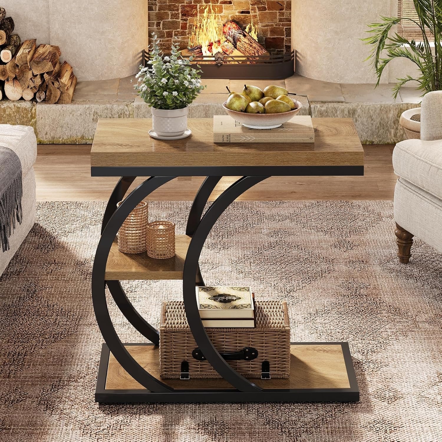 Tribesigns Table d'appoint 3 niveaux 60 cm, Table d'appoint design industriel en forme de C