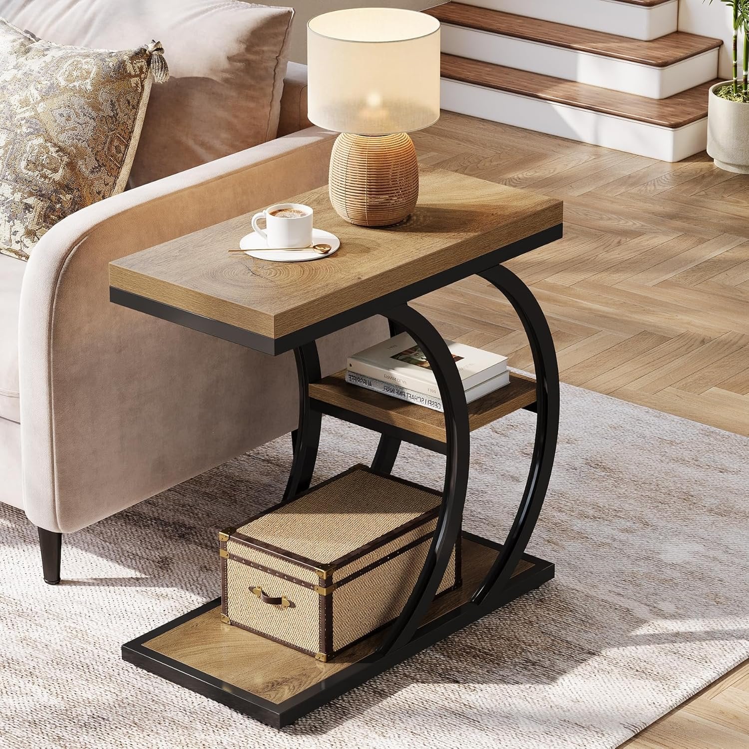 Tribesigns Table d'appoint 3 niveaux 60 cm, Table d'appoint design industriel en forme de C