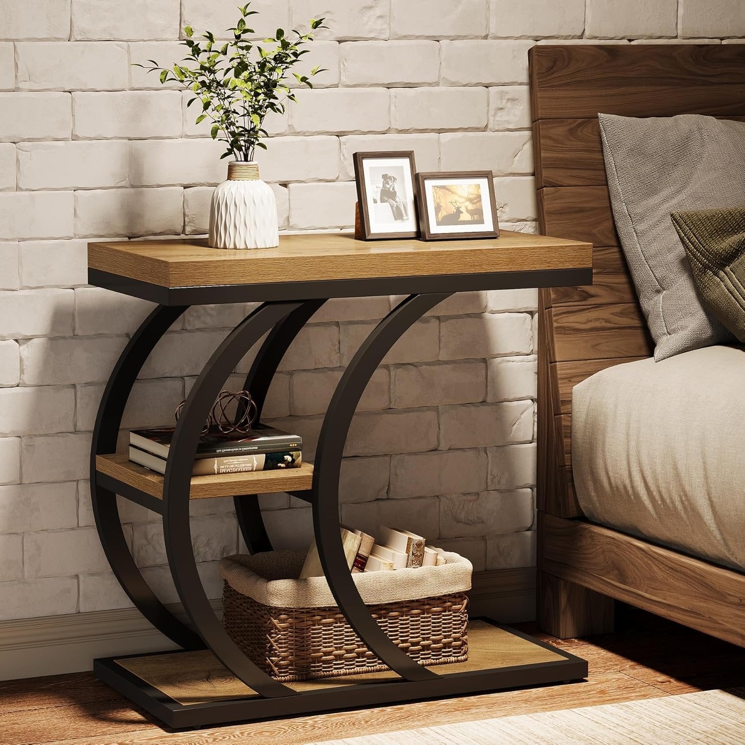 Tribesigns Table d'appoint 3 niveaux 60 cm, Table d'appoint design industriel en forme de C
