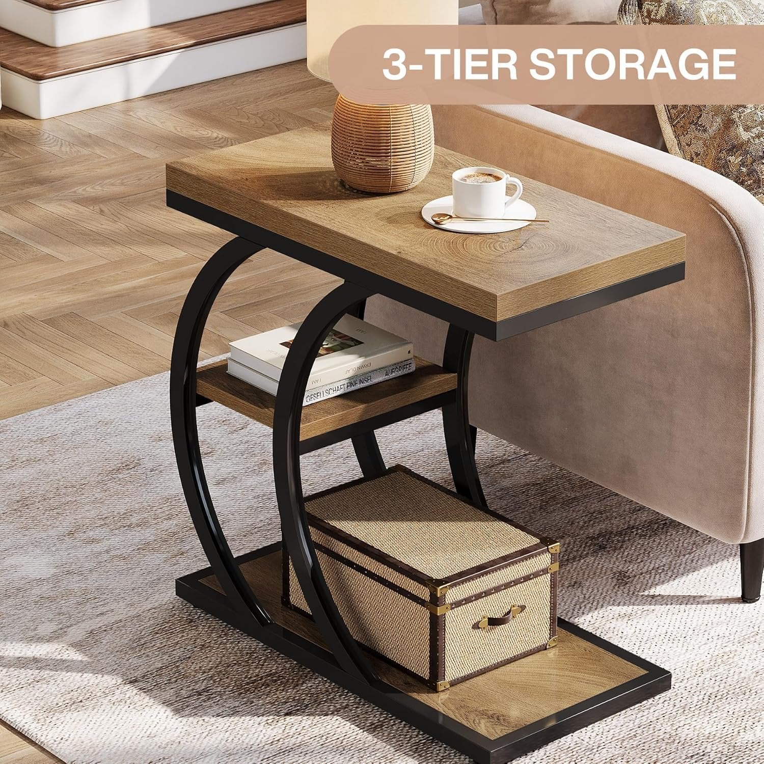 Tribesigns Table d'appoint 3 niveaux 60 cm, Table d'appoint design industriel en forme de C