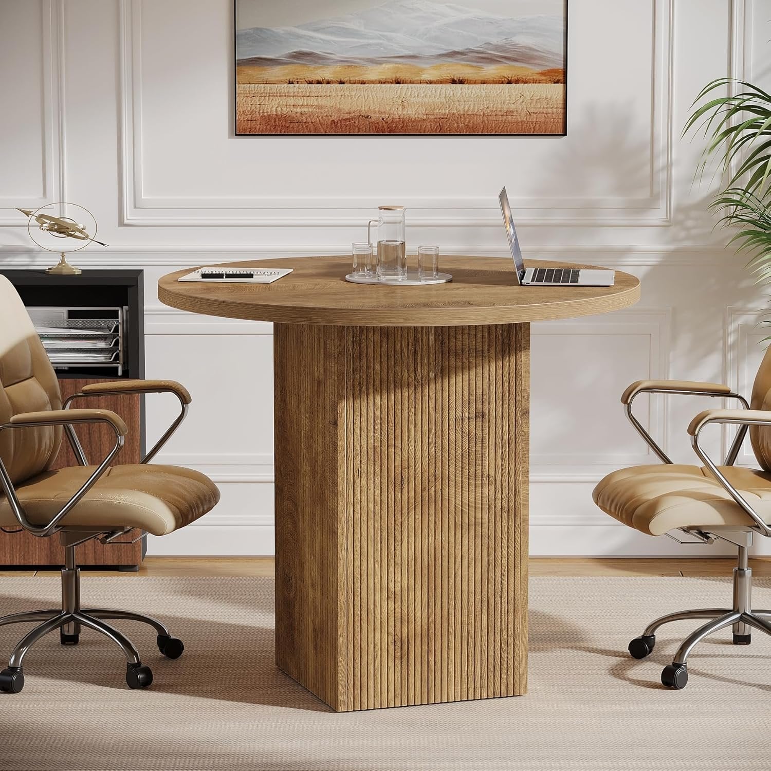 Tribesigns Table de conférence ronde de 80 cm, Table de bureau avec base nervurée en marron pour les petits espaces