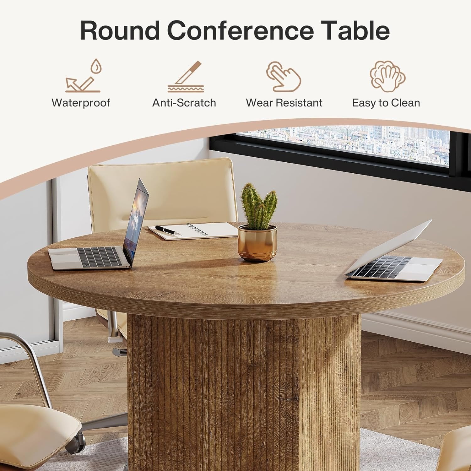 Tribesigns Table de conférence ronde de 80 cm, Table de bureau avec base nervurée en marron pour les petits espaces