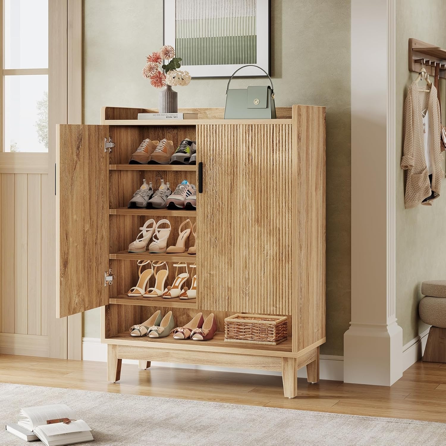 Tribesigns Meuble à chaussures avec portes, Étagère à chaussures de maison de campagne pour 20 paires en bois naturel
