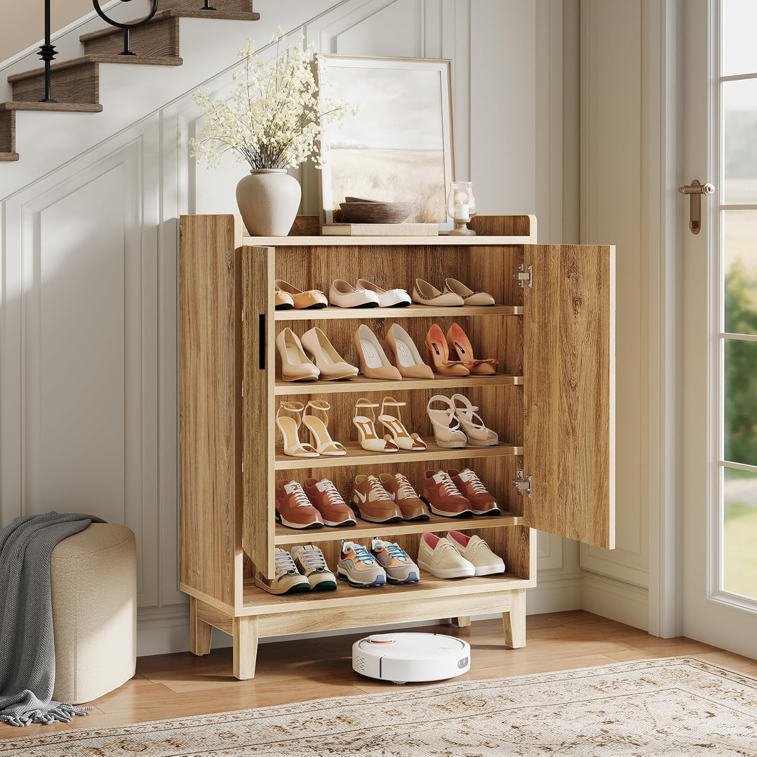Tribesigns Meuble à chaussures avec portes, Étagère à chaussures de maison de campagne pour 20 paires en bois naturel