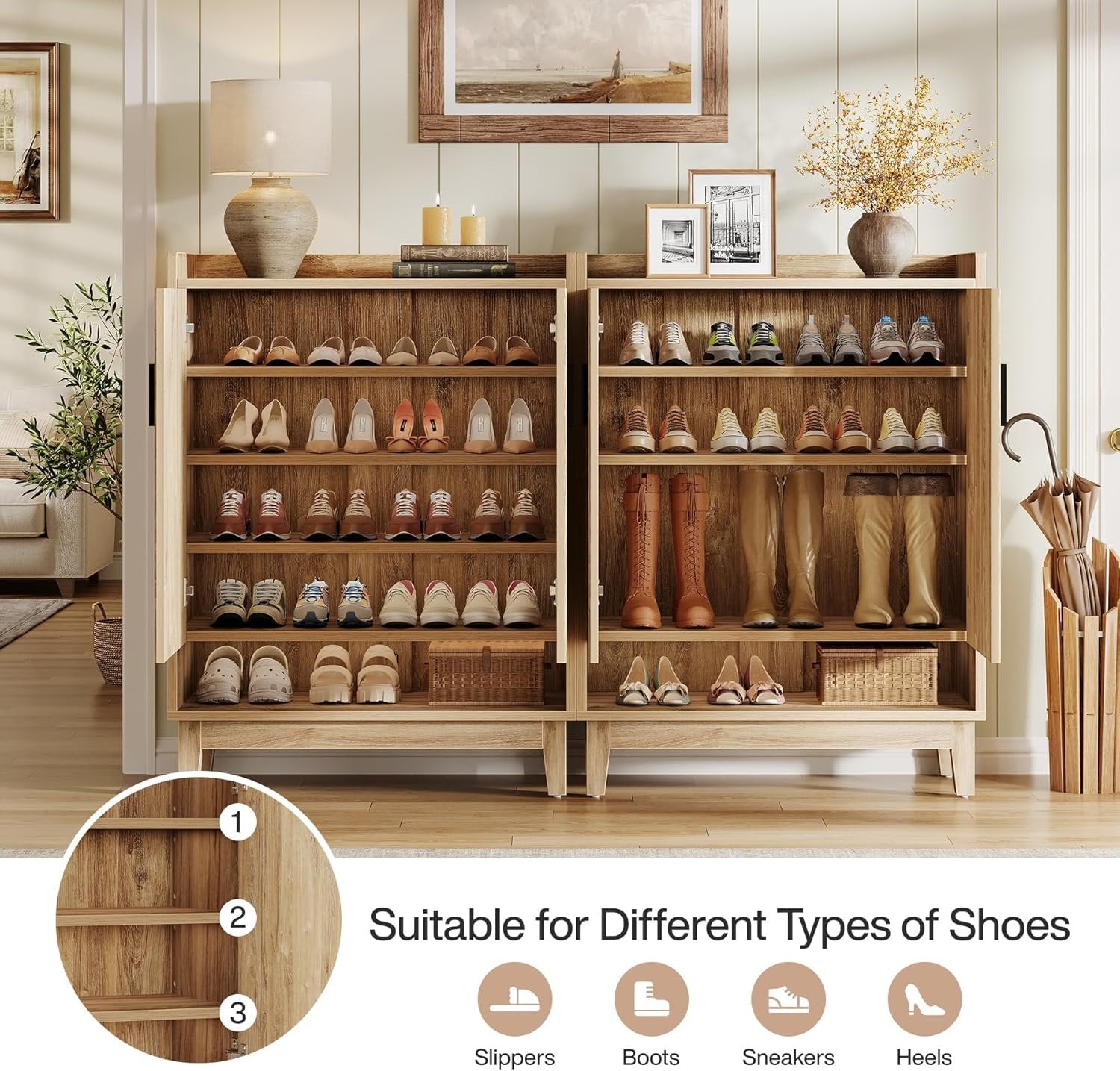 Tribesigns Meuble à chaussures avec portes, Étagère à chaussures de maison de campagne pour 20 paires en bois naturel