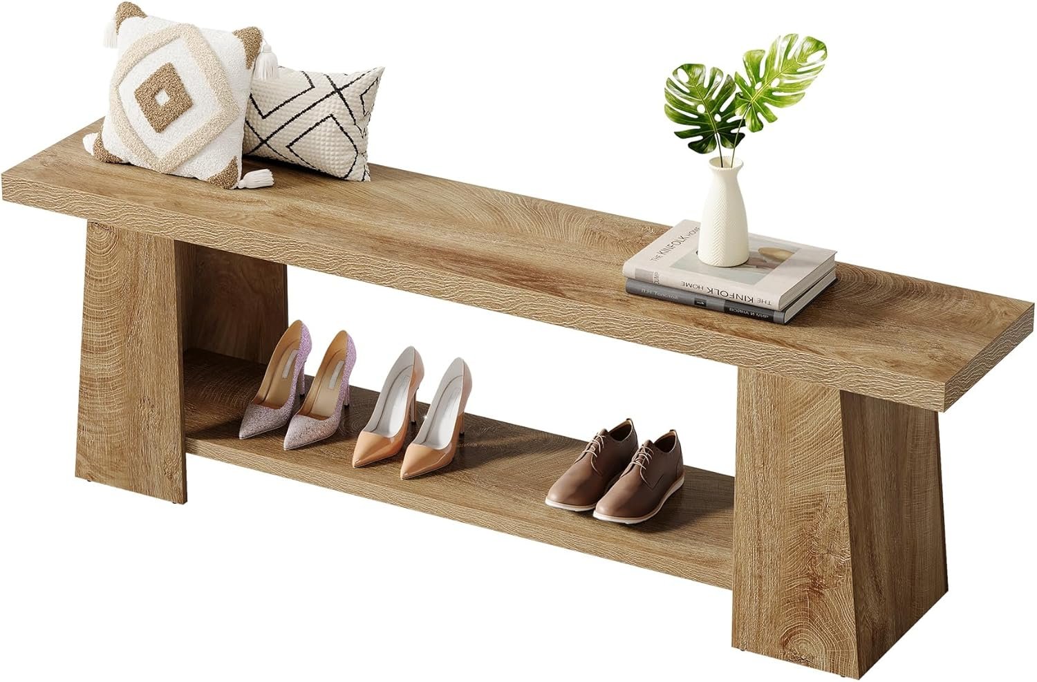 Tribesigns Banc à chaussures 150 cm, Banc à 2 niveaux avec rangement, banc d'entrée extra long en bois, style champêtre