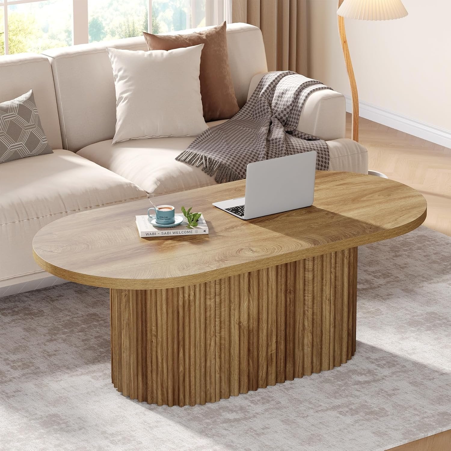 Tribesigns Table basse ovale, Table d'appoint en bois de style champêtre avec motif côtelé pour le salon