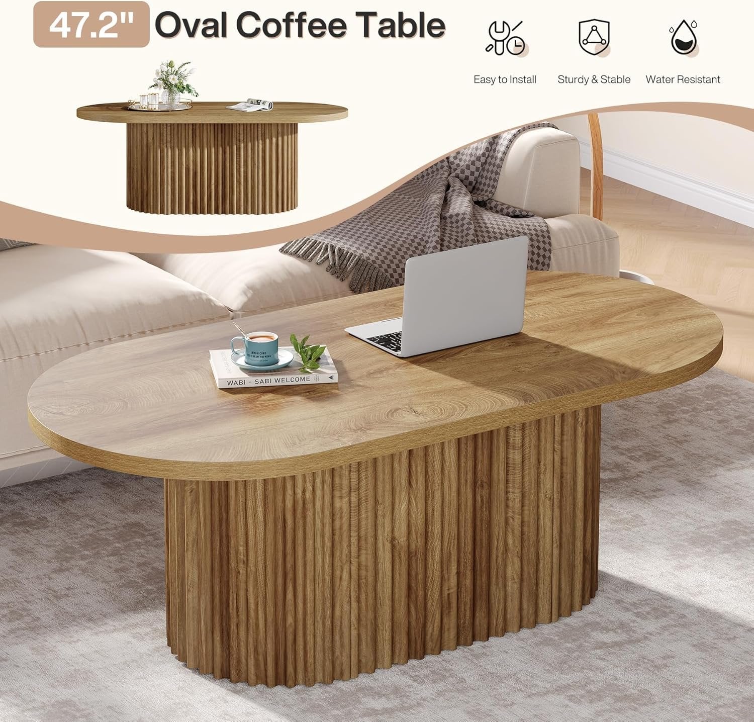 Tribesigns Table basse ovale, Table d'appoint en bois de style champêtre avec motif côtelé pour le salon