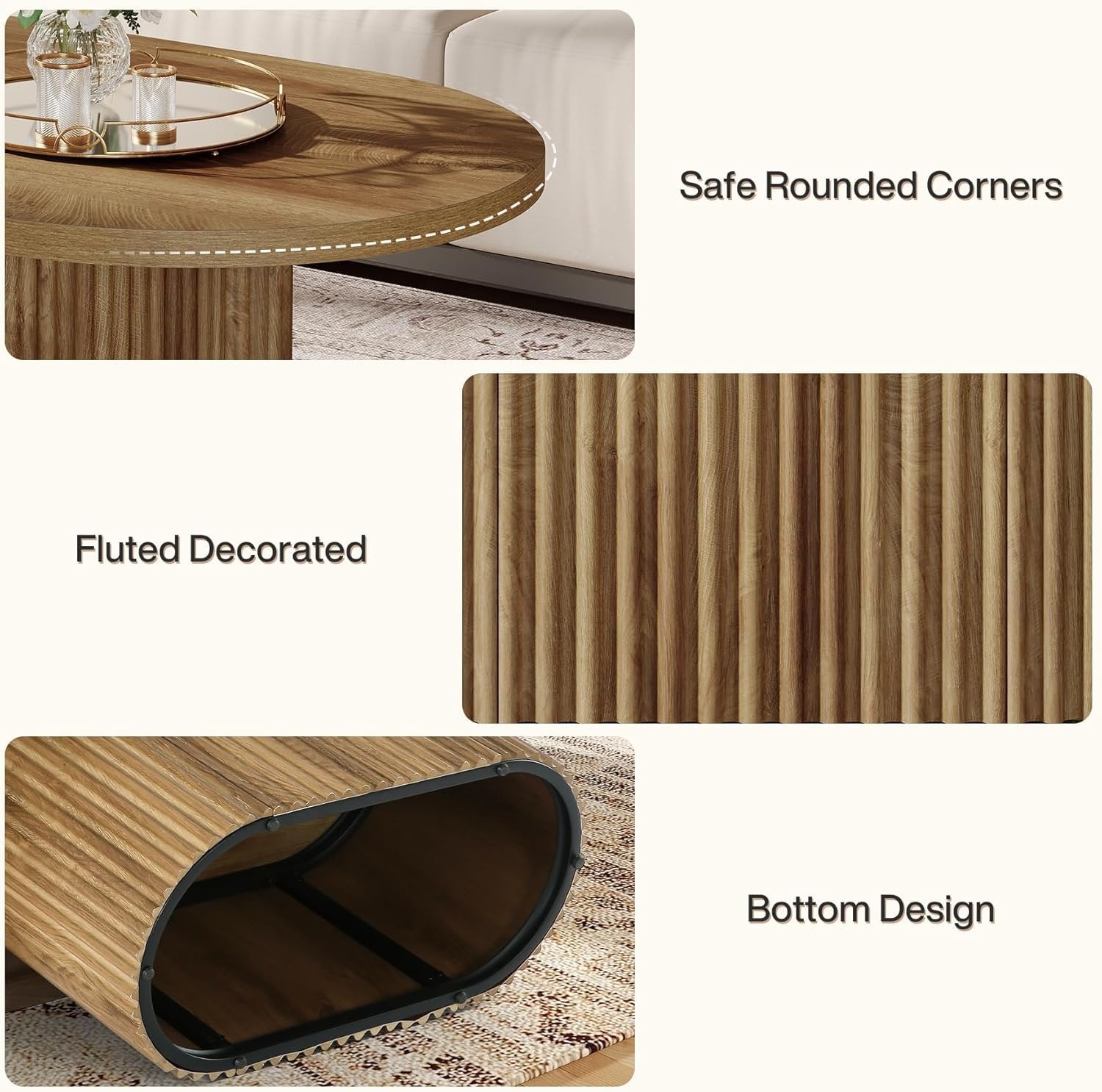 Tribesigns Table basse ovale, Table d'appoint en bois de style champêtre avec motif côtelé pour le salon