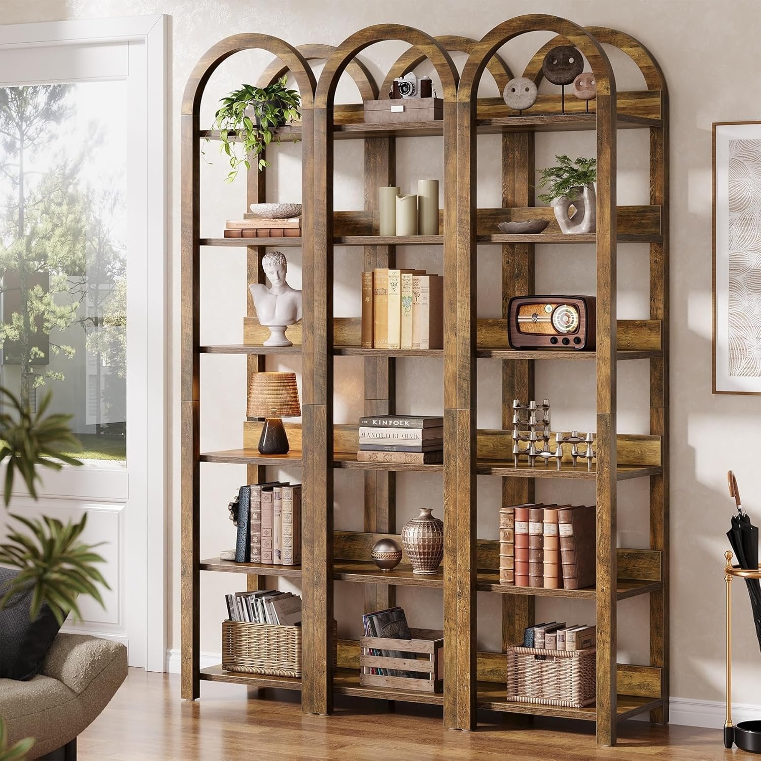 Tribesigns Bibliothèque 6 Niveaux 180cm, Bois Étagère Bibliotheque livre ouverte arqué rack de rangement haut