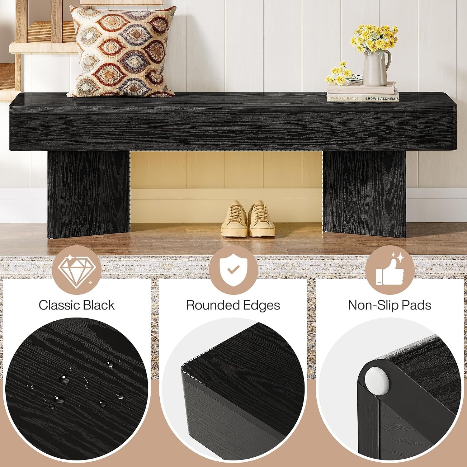 Tribesigns Banc d'entrée noir 120 cm, Banc moderne avec structure prismatique robuste, établi en bois
