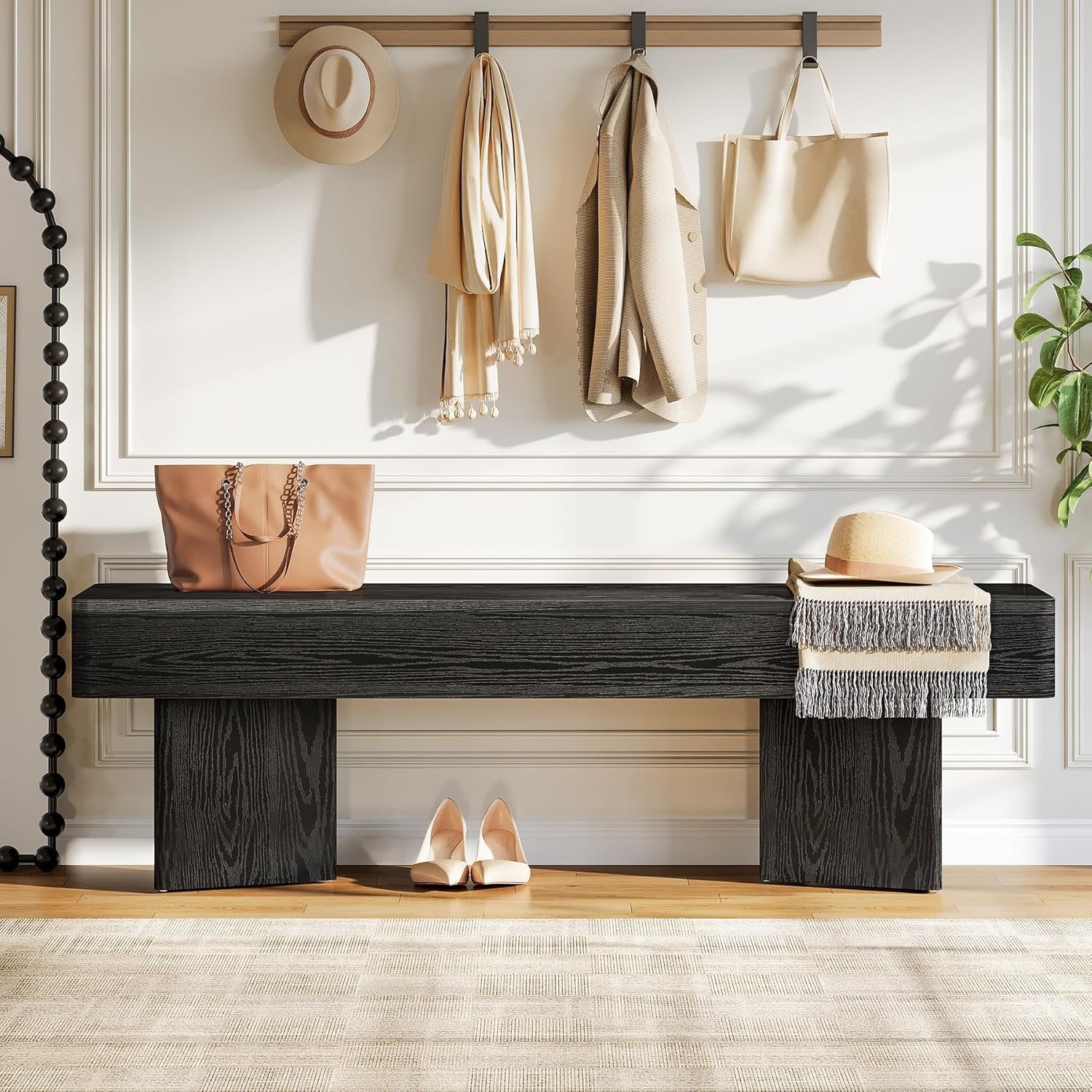 Tribesigns Banc d'entrée noir 120 cm, Banc moderne avec structure prismatique robuste, établi en bois